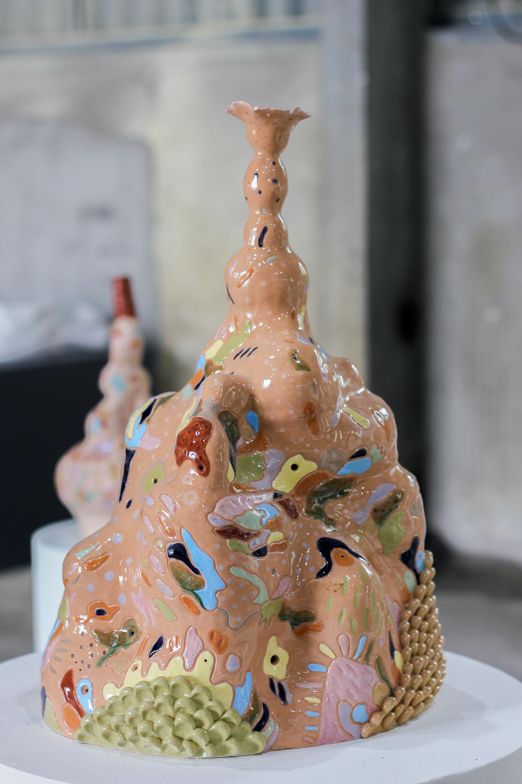 Unique edition, 
Material and Techniques: Sanbaek clay, colored slip, clear glazes, fired at cone 06/ hand building, carved drawings

Opaque Rhythm expresses diverse states of primitive feelings that constantly transform into the separate layers