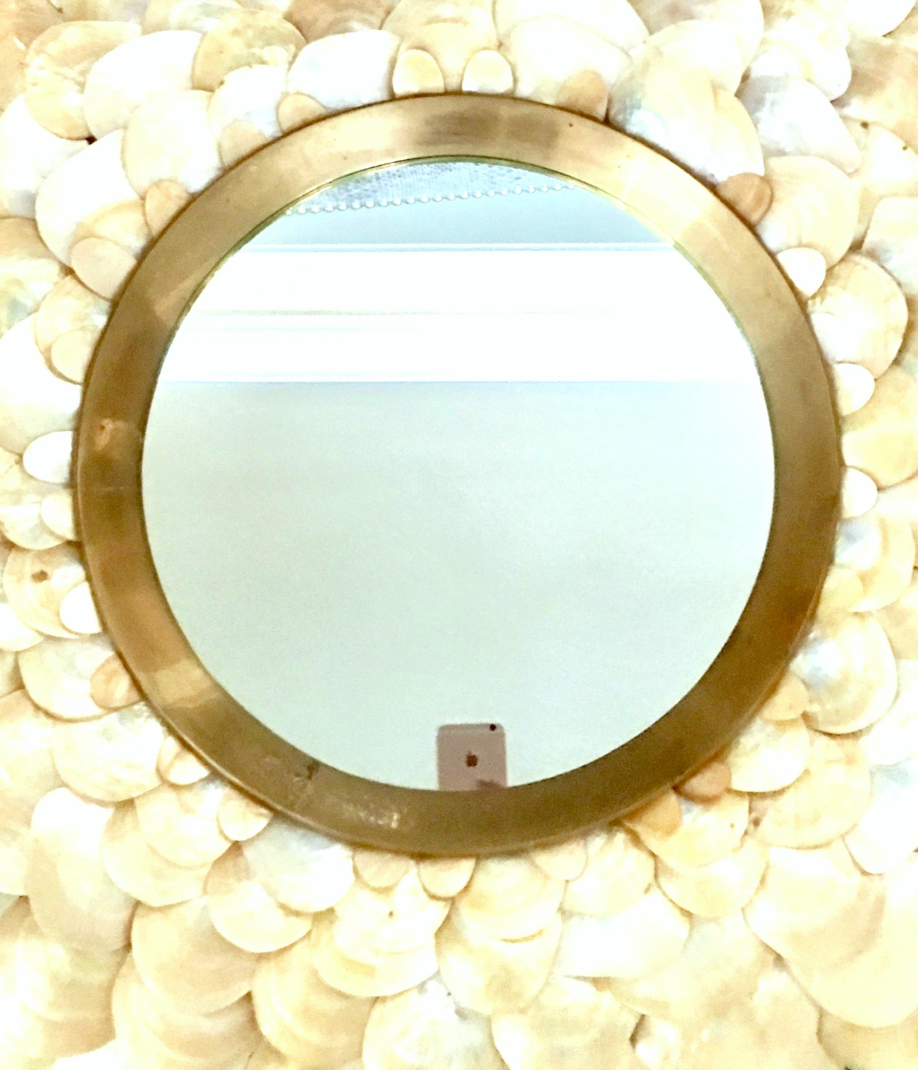 Lacquered 21st Century Sea Shell and Brass Round Convex Hanging Wall Mirror For Sale