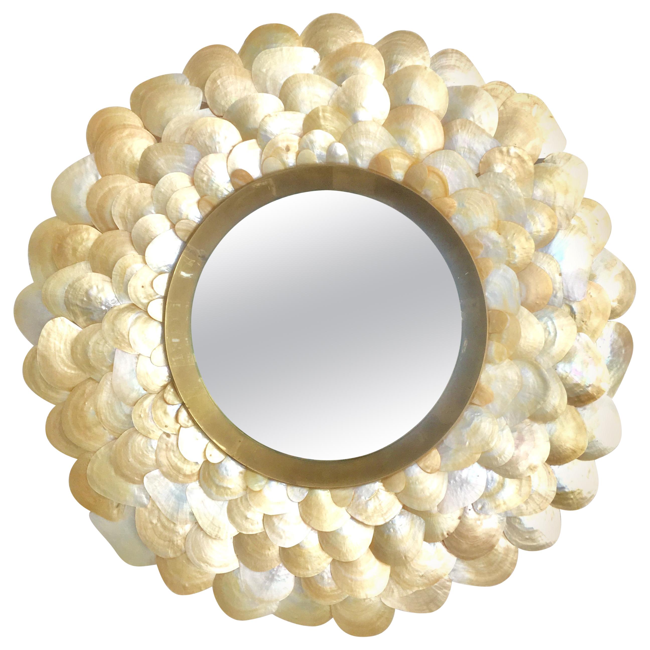 21st Century Sea Shell and Brass Round Convex Hanging Wall Mirror For Sale