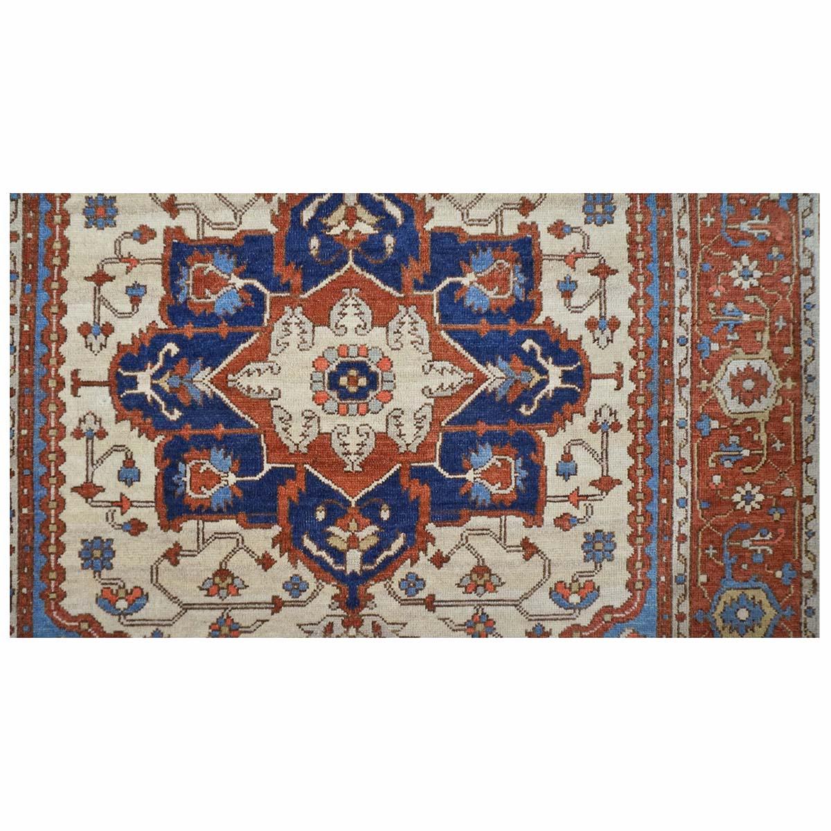 Hand-Woven 21st Century Serapi 5x7 Rust, Ivory, & Blue Handmade Area Rug #1143113 For Sale