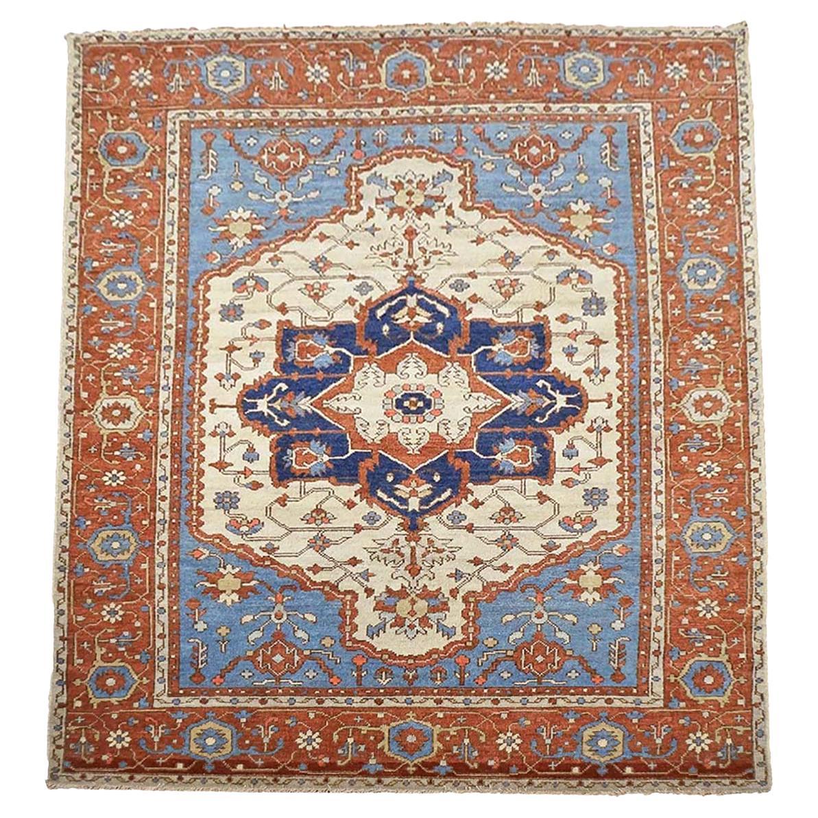Serapi 5x7 Rostfarbener, elfenbeinfarbener und blauer handgefertigter Teppich #1143113, 21. Jahrhundert