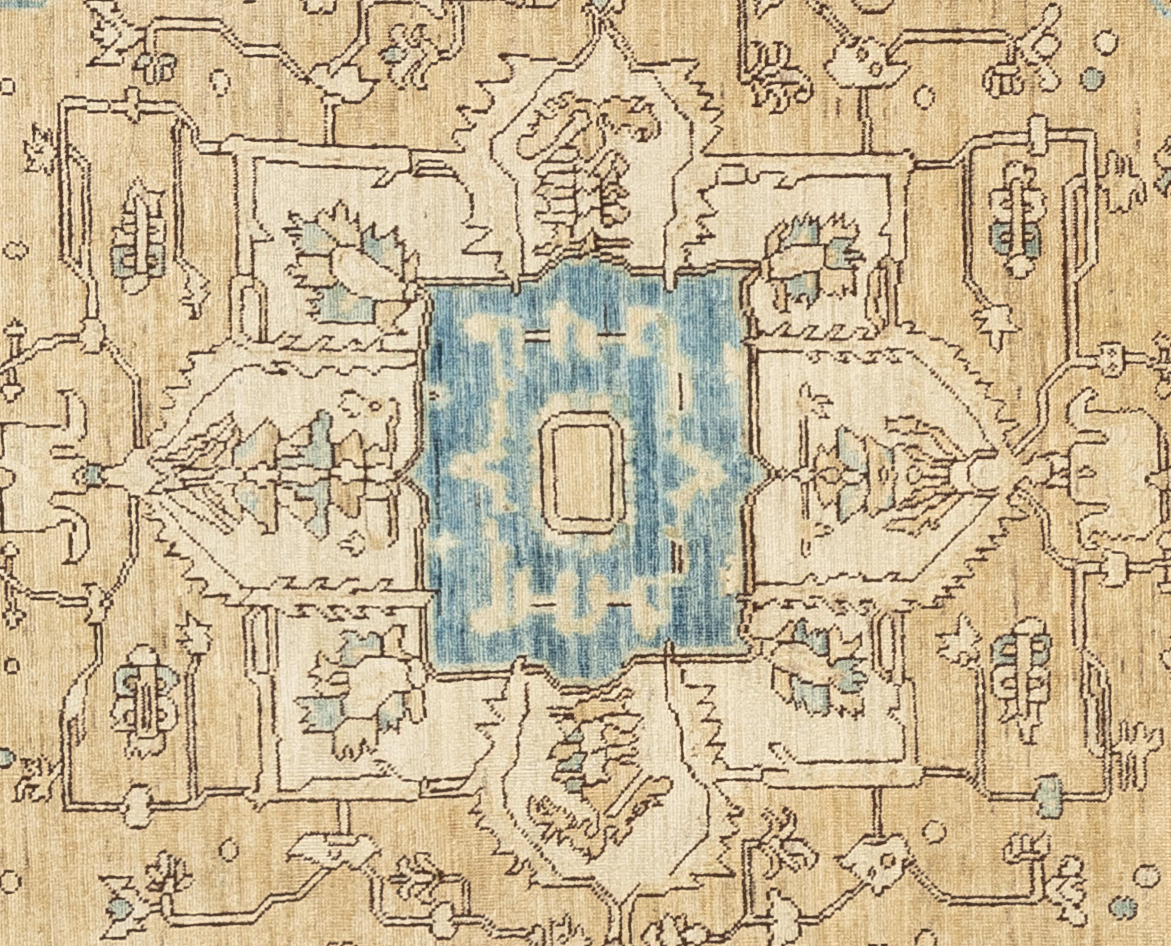 This muted Serapi, features stunning yet modest cedar botanical detailing throughout. A light butter field and border with notes of cerulean. Beautifully handwoven made of 100% handspun wool.

Size - 4'10