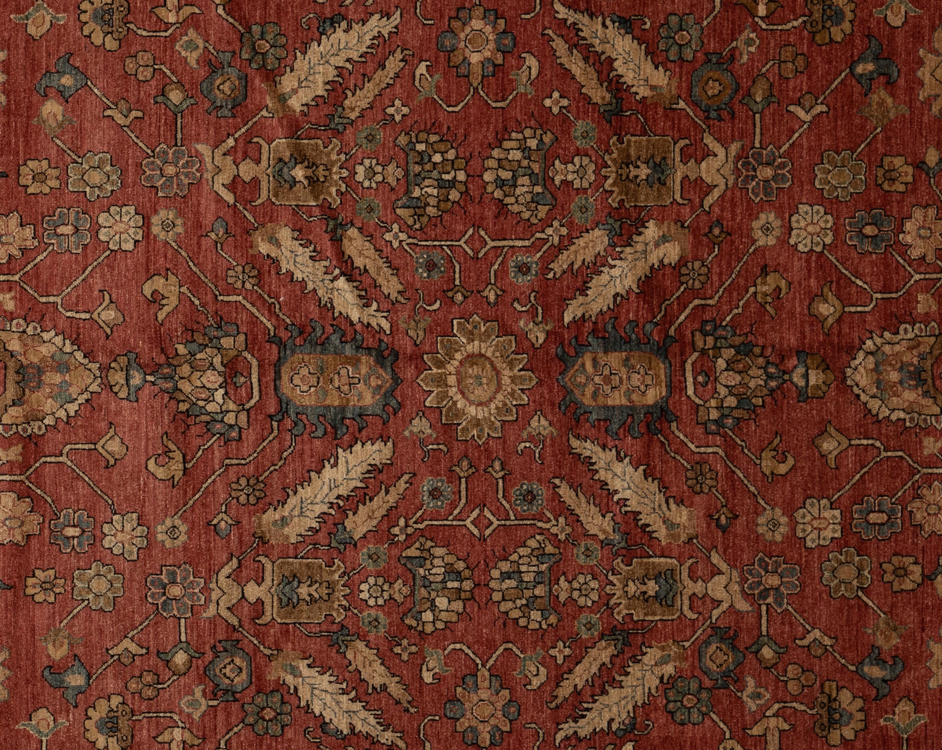 Indulge in timeless elegance with this exquisite Serapi rug. Handcrafted with intricate motifs and vibrant hues, it exudes warmth and sophistication. Handwoven by master weavers and made of 100% wool, its plush texture promises both luxury and