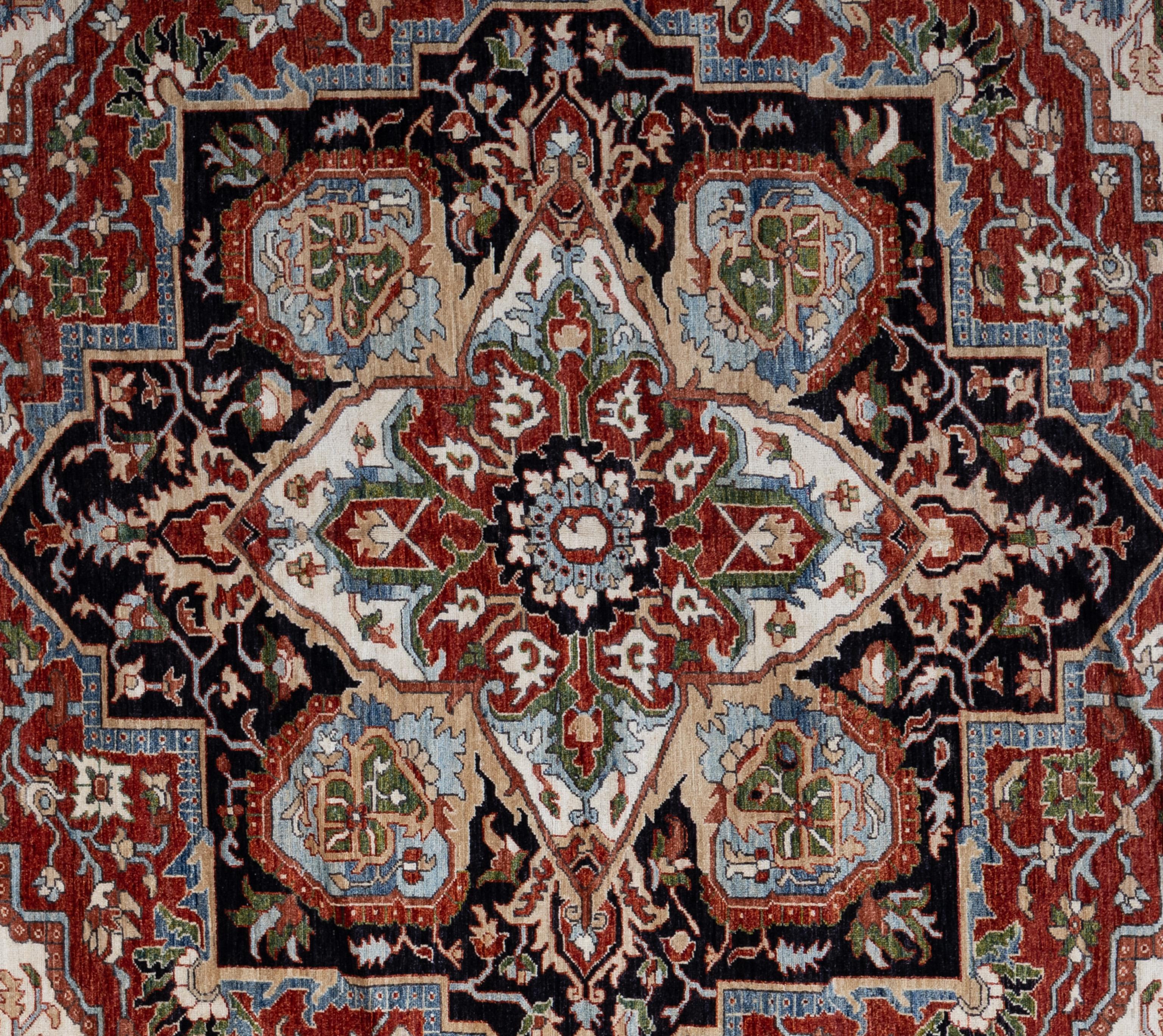 Indulge in timeless elegance with this exquisite Serapi rug. Handcrafted with intricate motifs and vibrant hues, it exudes warmth and sophistication. Handwoven by master weavers and made of 100% wool, its plush texture promises both luxury and