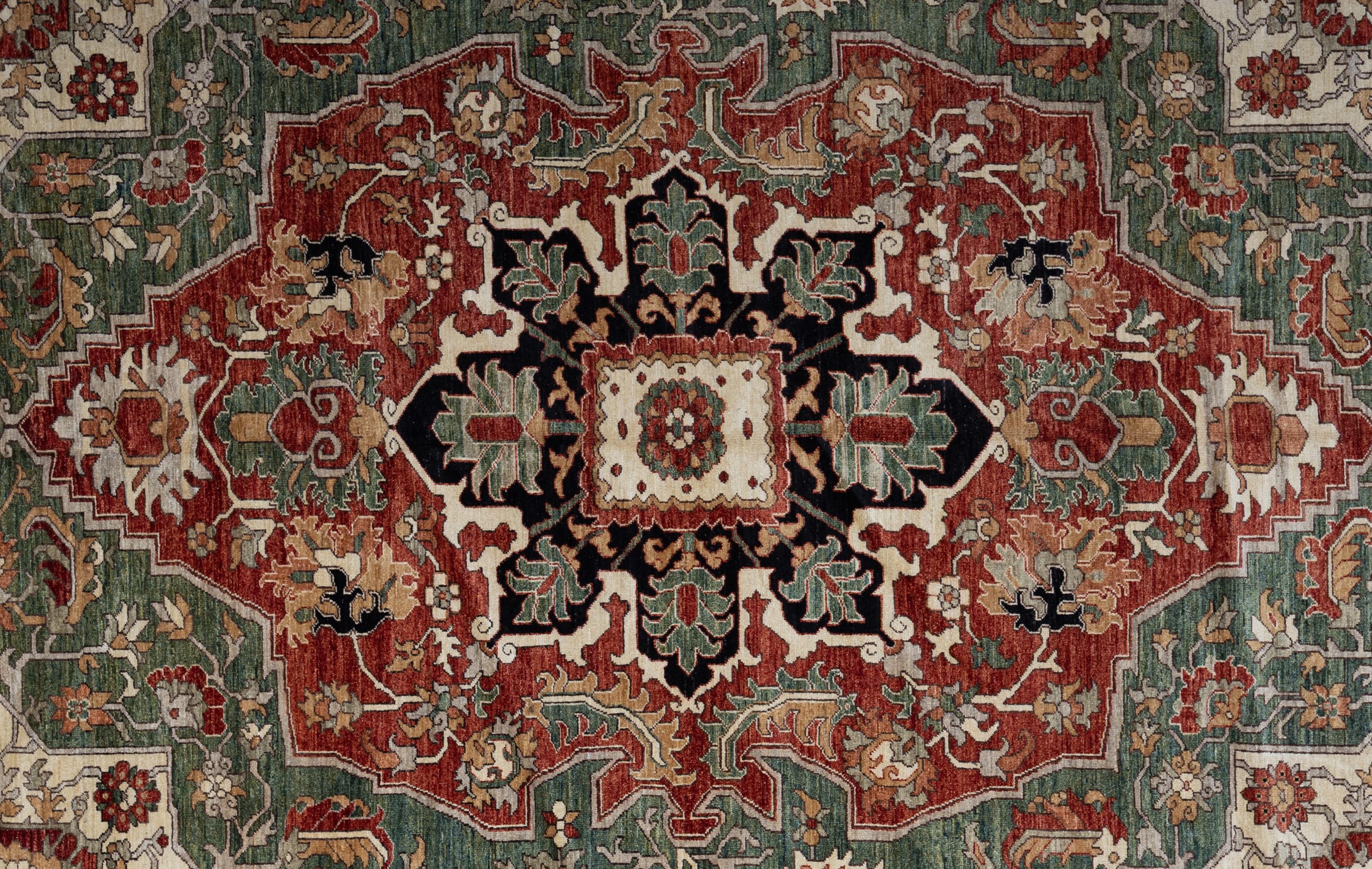 Indulge in timeless elegance with this exquisite Serapi rug. Handcrafted with intricate motifs and vibrant hues, it exudes warmth and sophistication. Handwoven by master weavers and made of 100% wool, its plush texture promises both luxury and