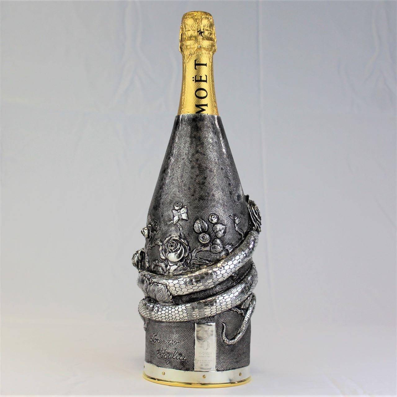 K-over Champagner, Schlange und Rosen, massives reines italienisches Silber des 21. Jahrhunderts  (Zeitgenössisch) im Angebot