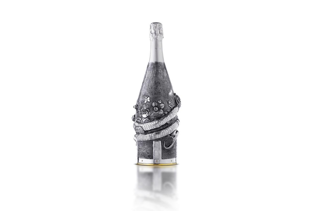 Contemporain Champagne, Serpent et Roses du 21e Siècle en Argent Italien Massif  en vente