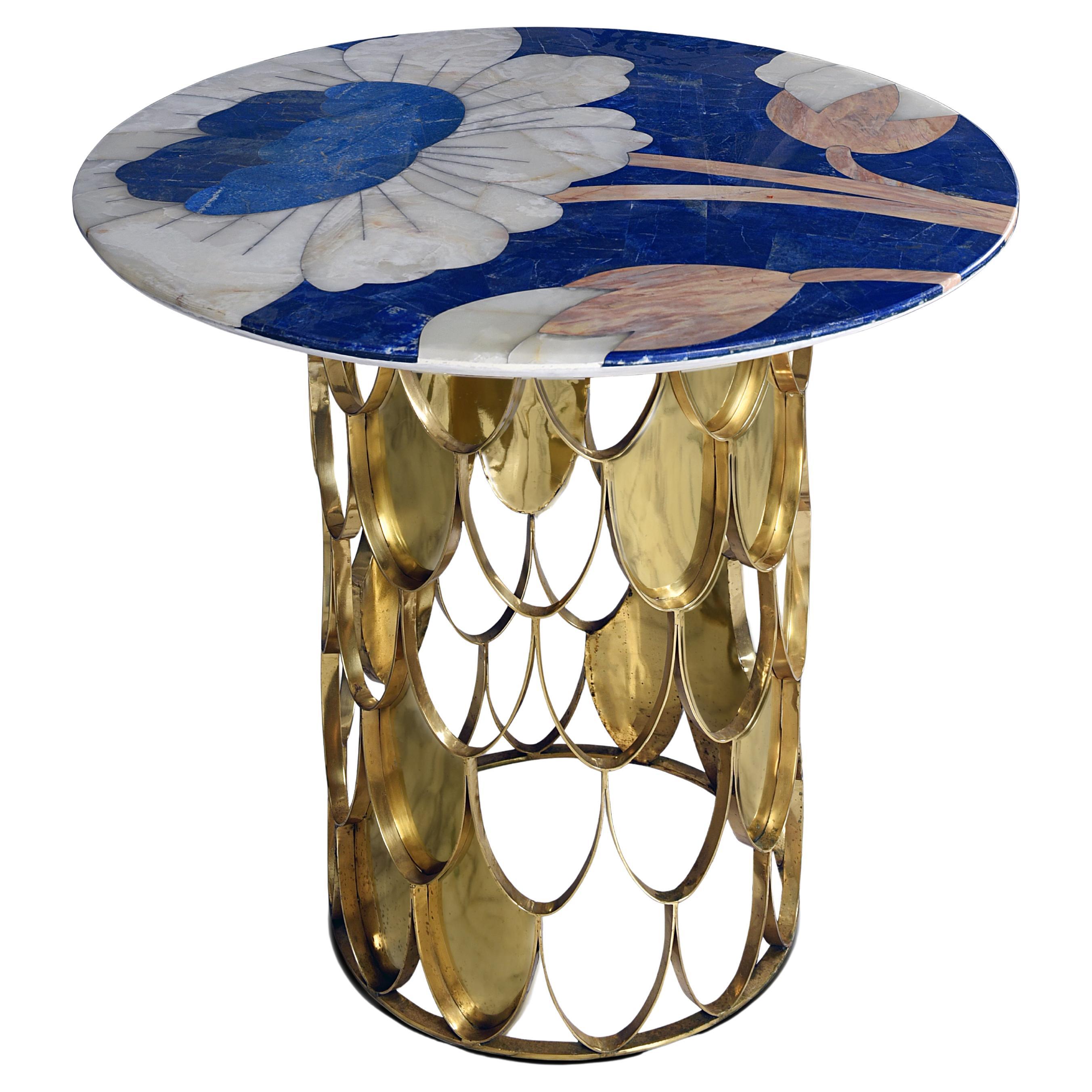 21st Century Side Foyer Table Lapis Marble Onyx Semi Precious Cloisonné Brass For Sale