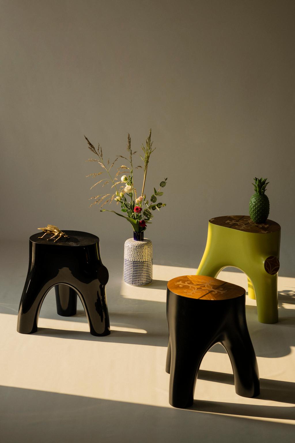 Modern 21st Century Side Tables Marcantonio Inlay Wood Scapin Matt Yellow For Sale