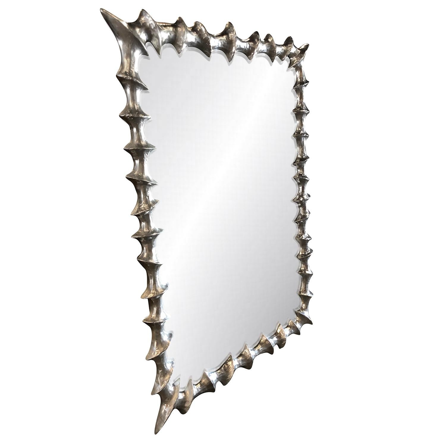 Large rectangular mirror with a very decorative and heavy silver metal frame, for interior use only. Prov. France.