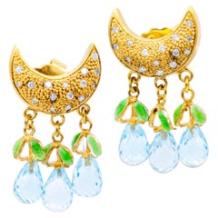 21st Century Silver Gold Plated Earrings Diamonds Blue Topaz Half Moon Enamel
