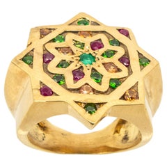 21st Century Silver Gold Plated Ring Emerald Peridots Rubies Tourmalines Star