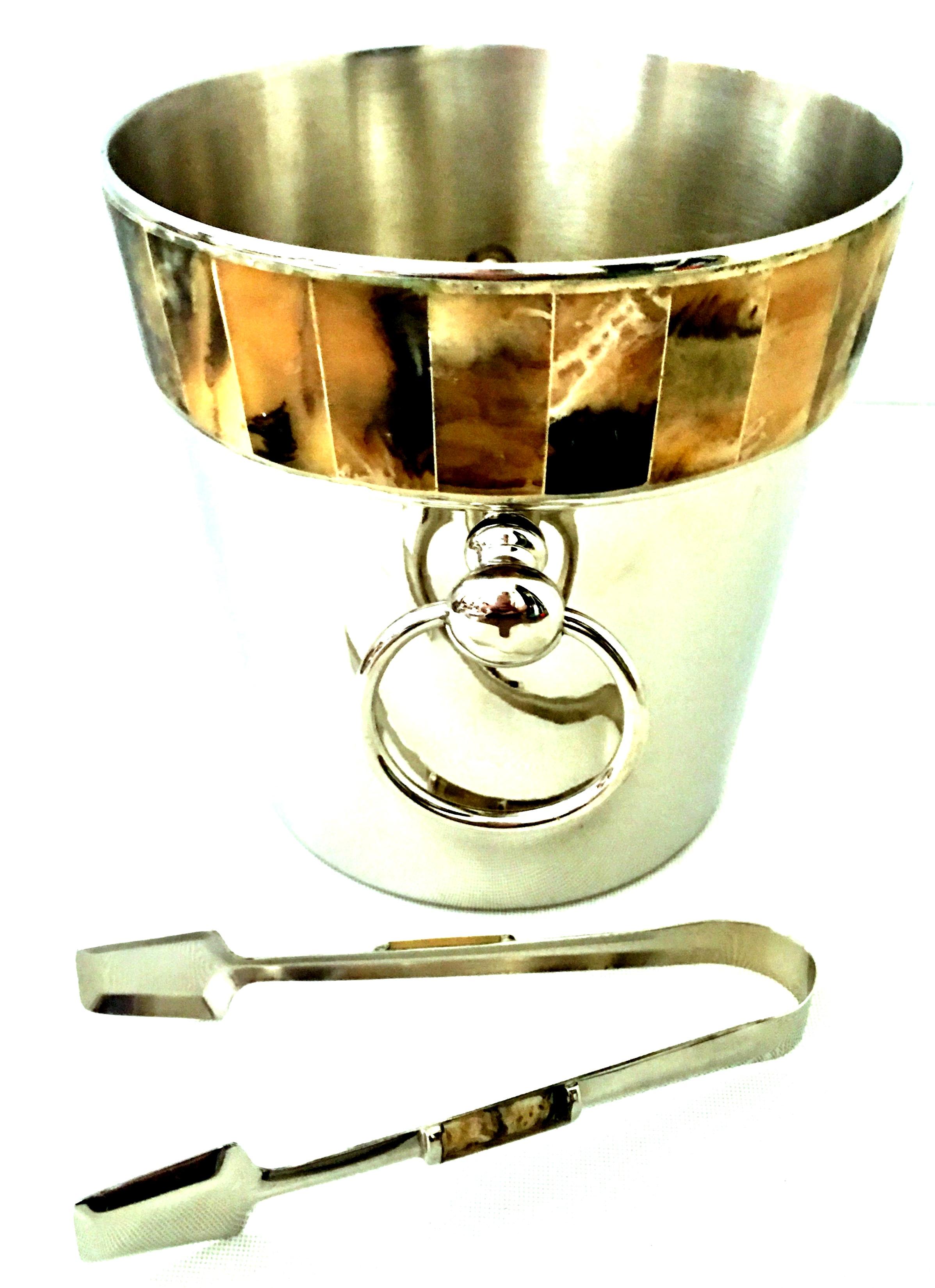 21st Century Silver Plate and Horn Champagne/Ice Bucket and Tongs S/2 In Good Condition In West Palm Beach, FL