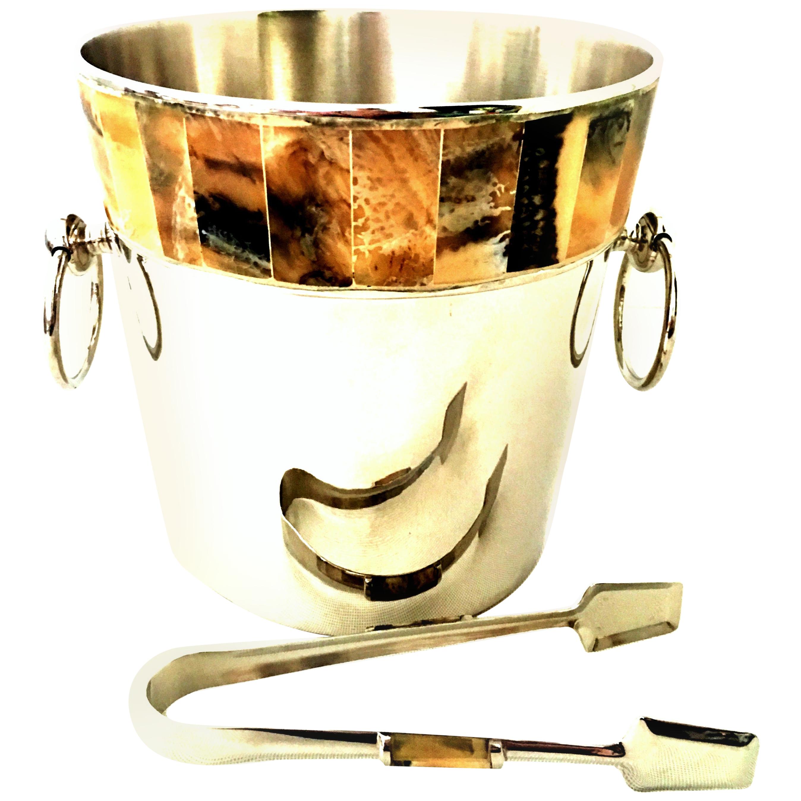 21st Century Silver Plate and Horn Champagne/Ice Bucket and Tongs S/2