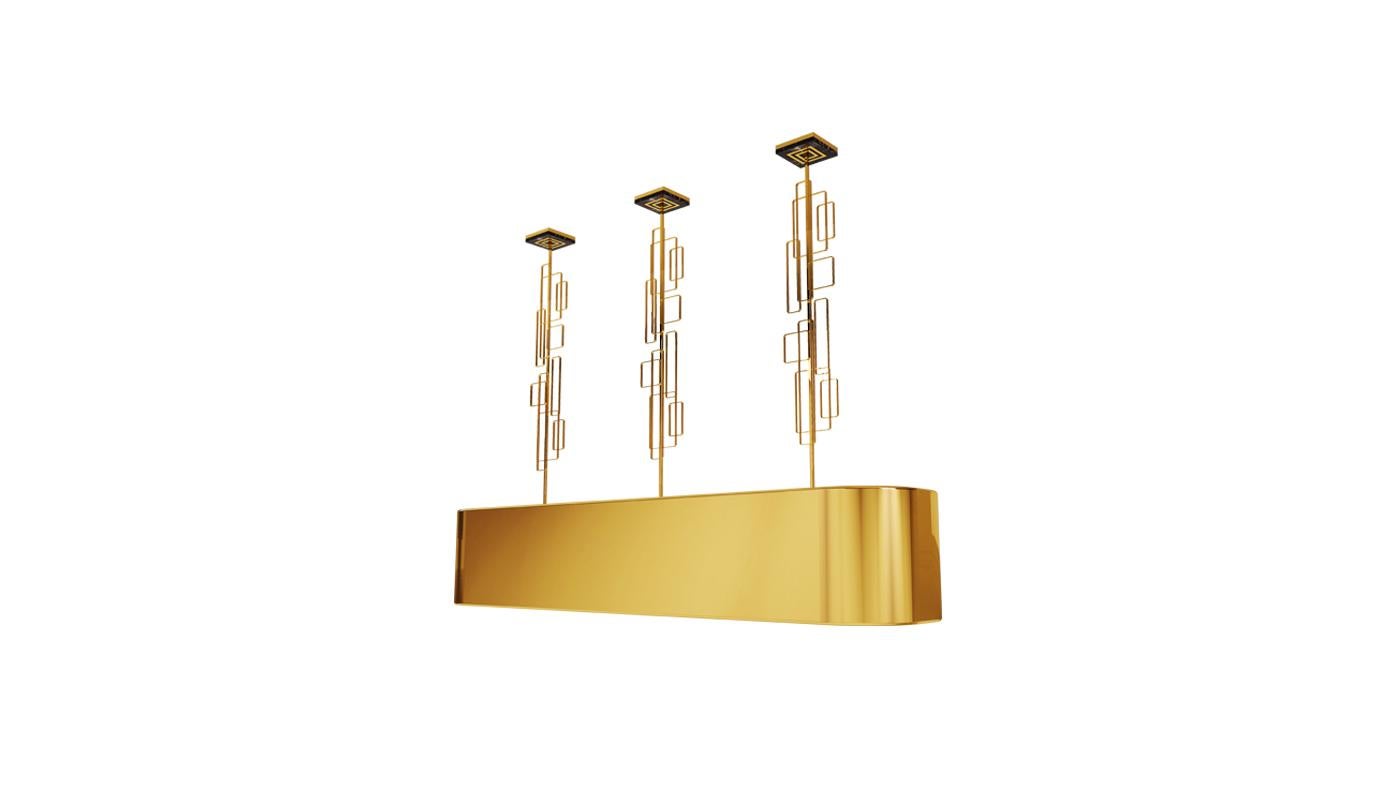 The Skyscraper contemporary suspension lamp is supported by three geometric structures in polished brass while the body is formed with the combination of the beautiful Spaniard Negro marquina marble with polished brass. This structure is the key
