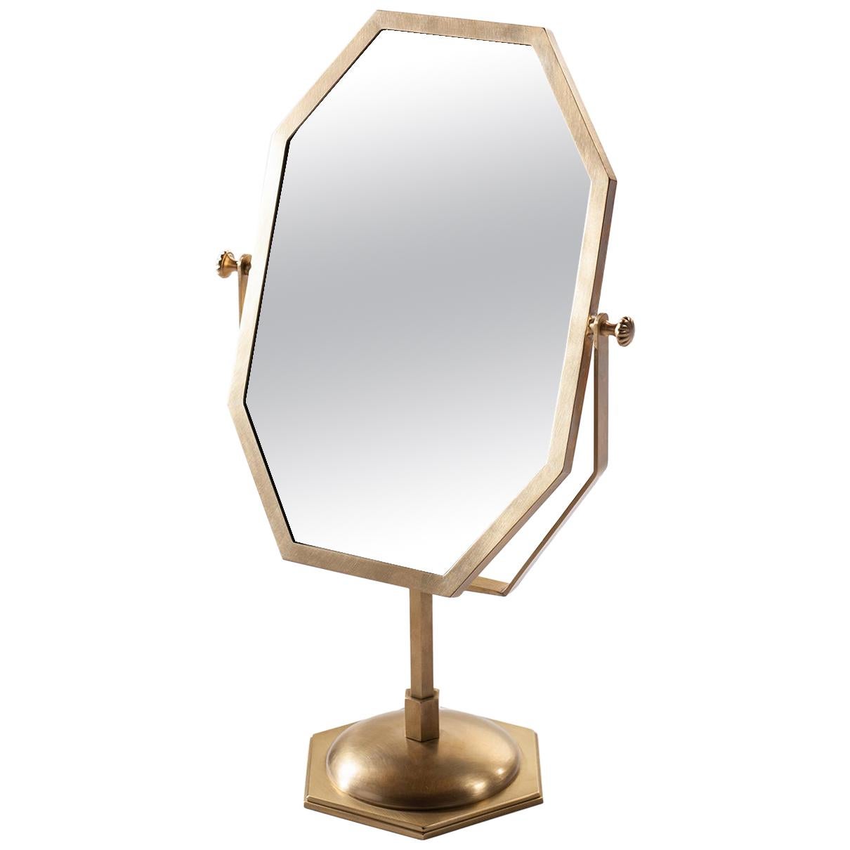 21st Century Small Standing Mirror, Brass Frame and Leather Insert For Sale