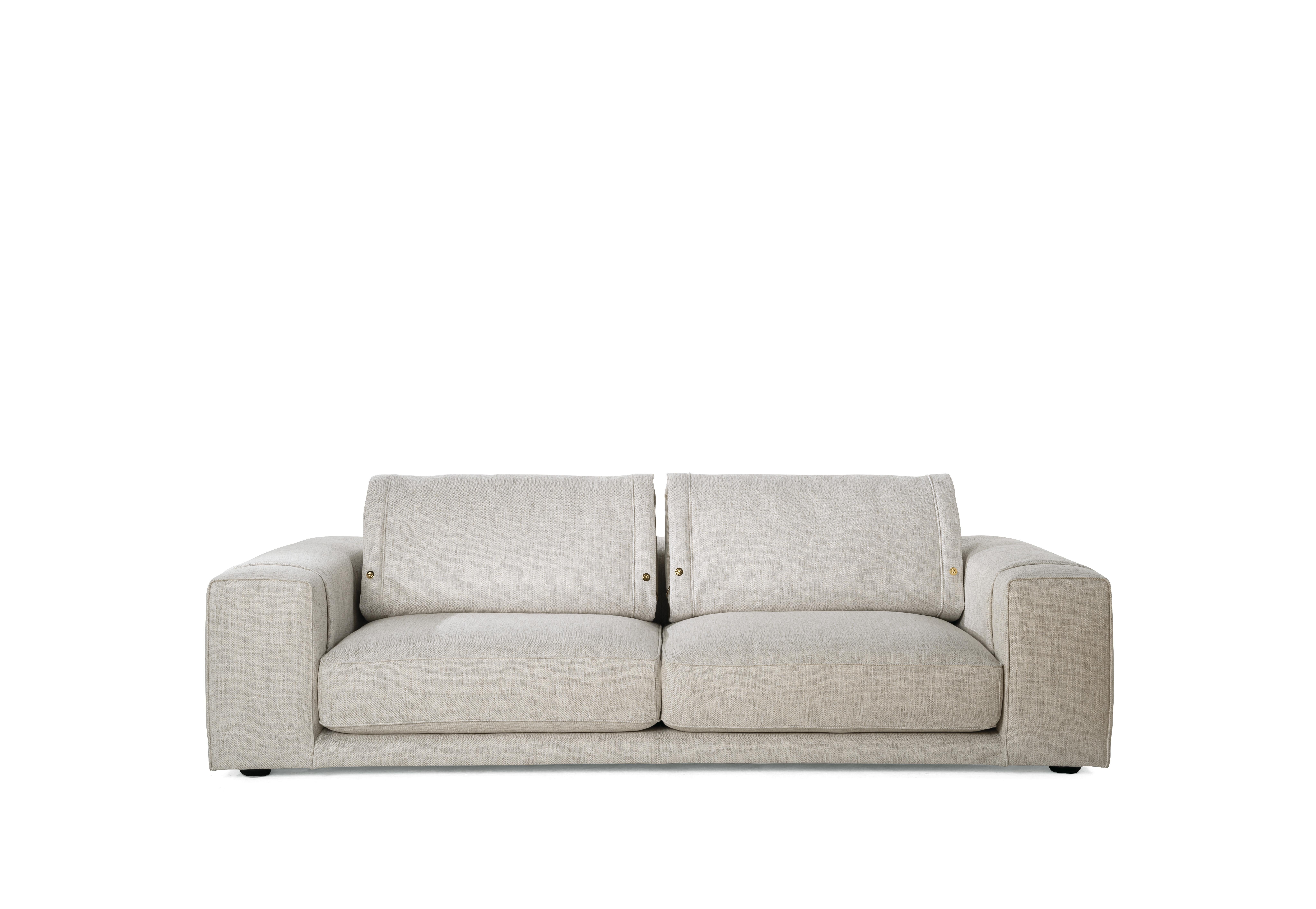 Smoking 2 3-seater sofa with structure in solid poplar wood and expansive polyurethane foam. Upholstery in fabric cat. A Anna col. Sophisticated Neutral. Back cushions exterior upholstery in jacquard fabric cat. A Deni col. A1. Base in MDF with matt