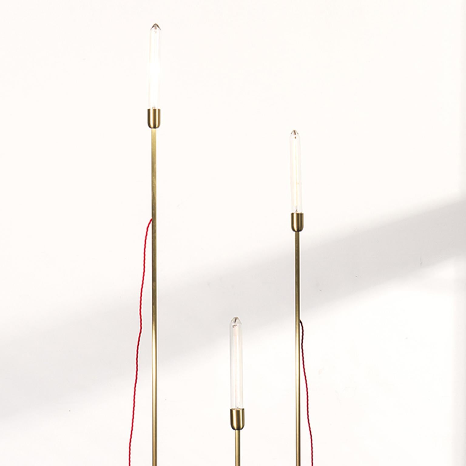 This installation is composed by a group of standing lights. The stems in opaque brass of each light have different heights, and the handmade base is in rough iron. The light bulbs are in retro stile incandescence or led. Colored fabric wires are a