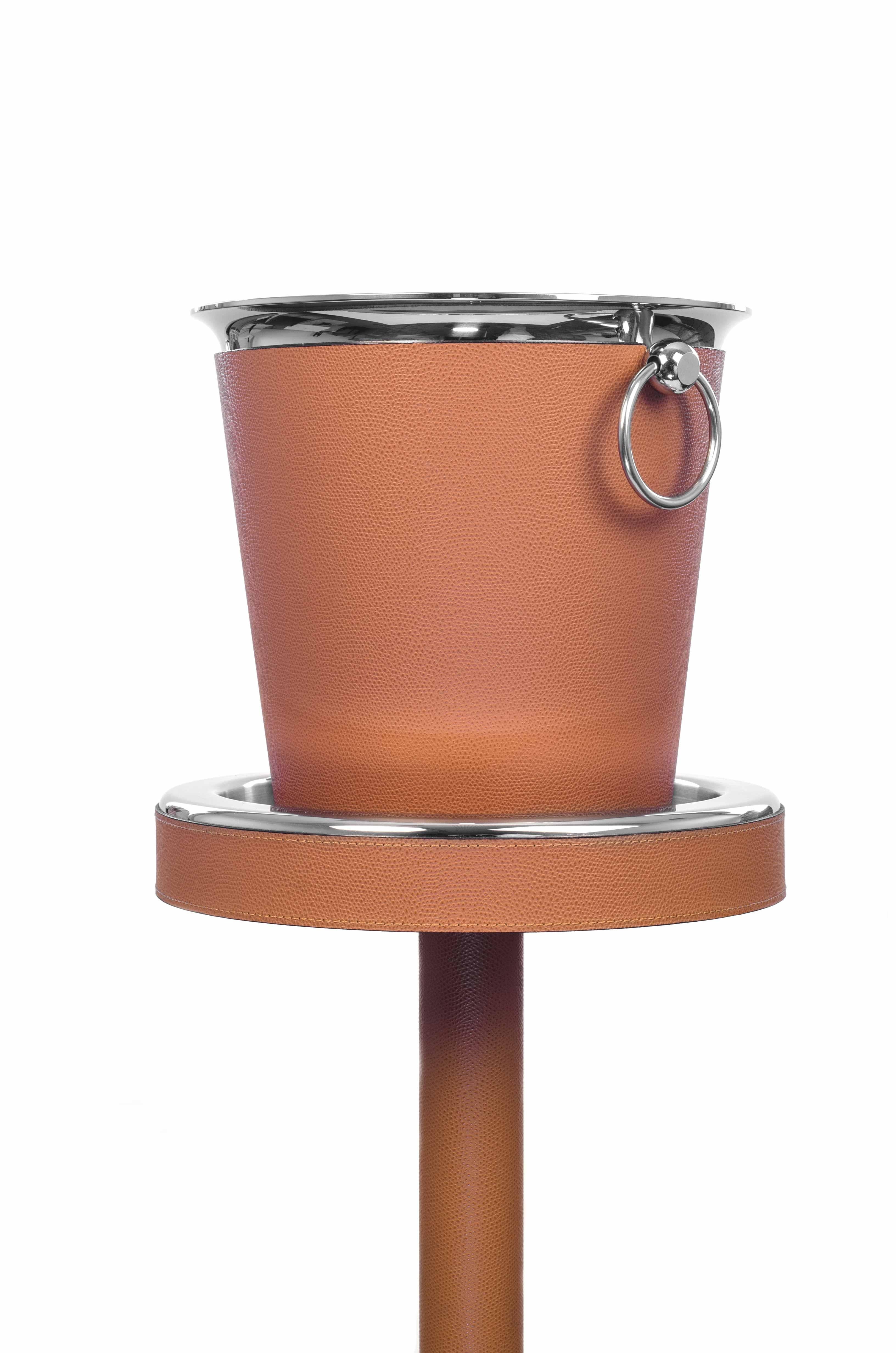 Modern 21st Century Steel Ice Bucket Stand with Leather Cover Handmade in Italy For Sale