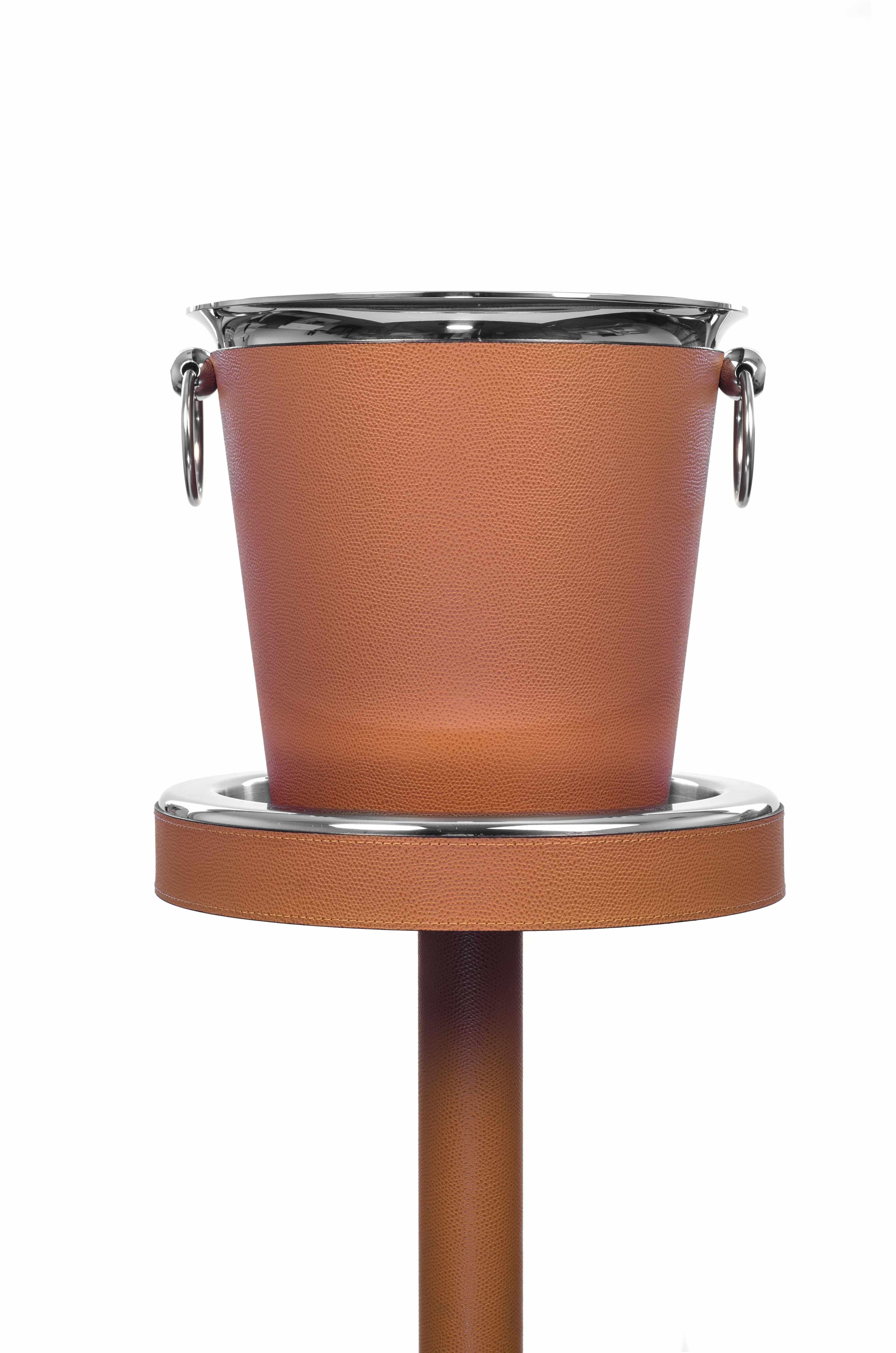 Modern 21st Century Steel Thermal Champagne Bucket with Leather Cover Handmade in Italy For Sale