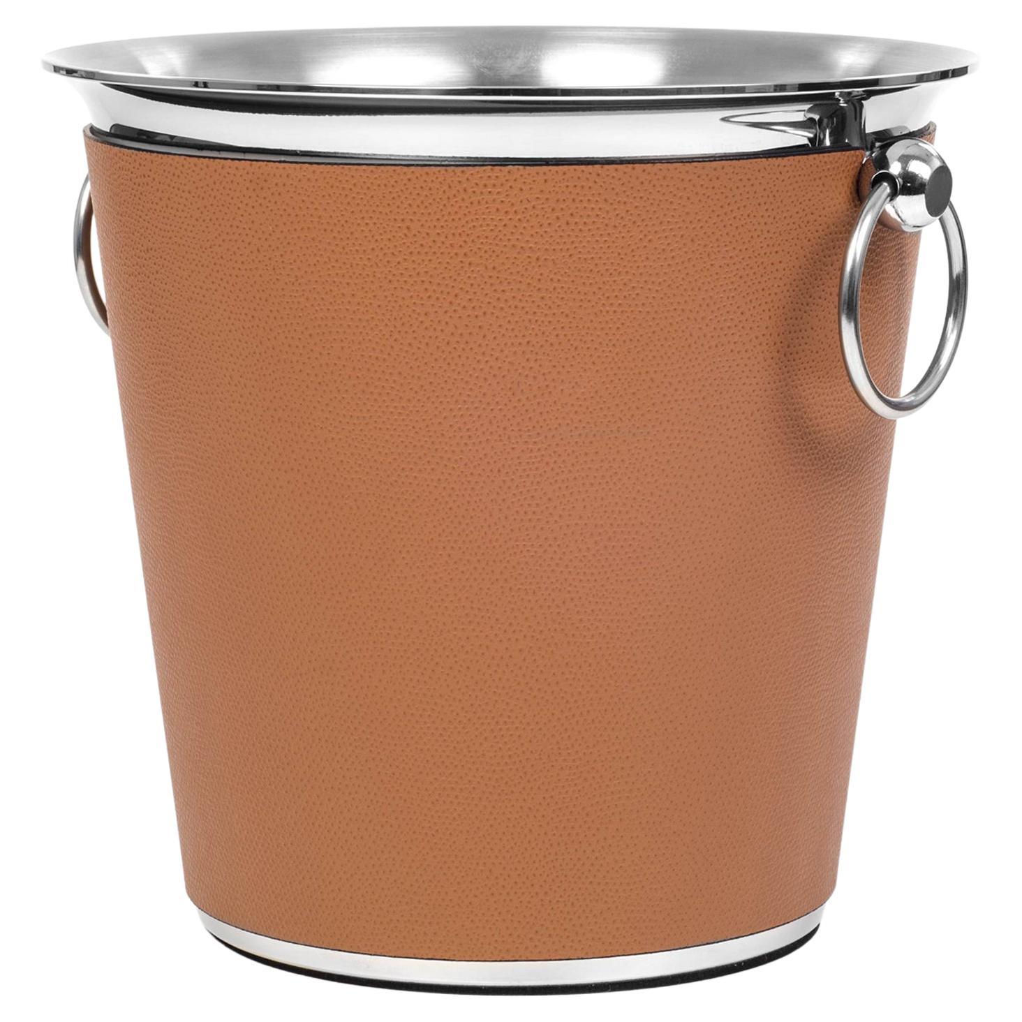 21st Century Steel Thermal Champagne Bucket with Leather Cover Handmade in Italy