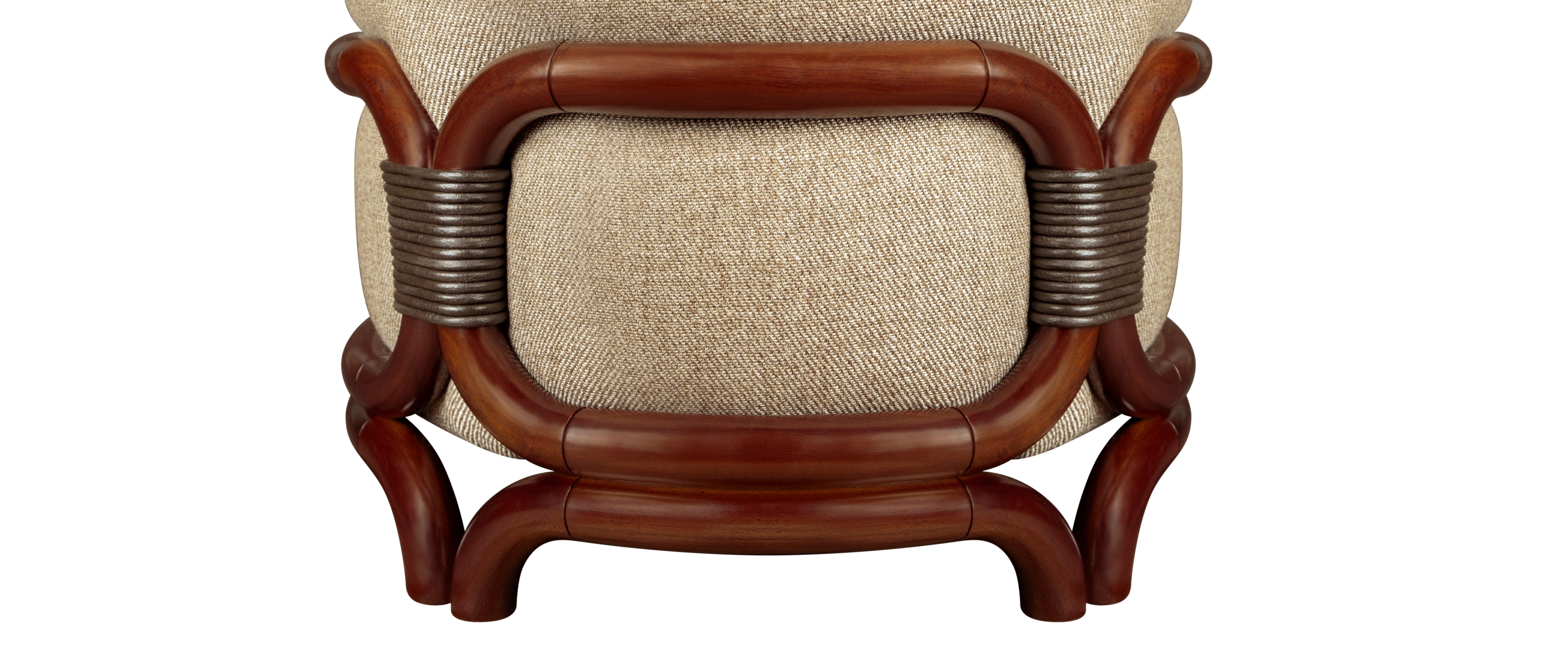 Portuguese 21st Century Stefan Stool Walnut Wood Linen Leather by Wood Tailors Club For Sale