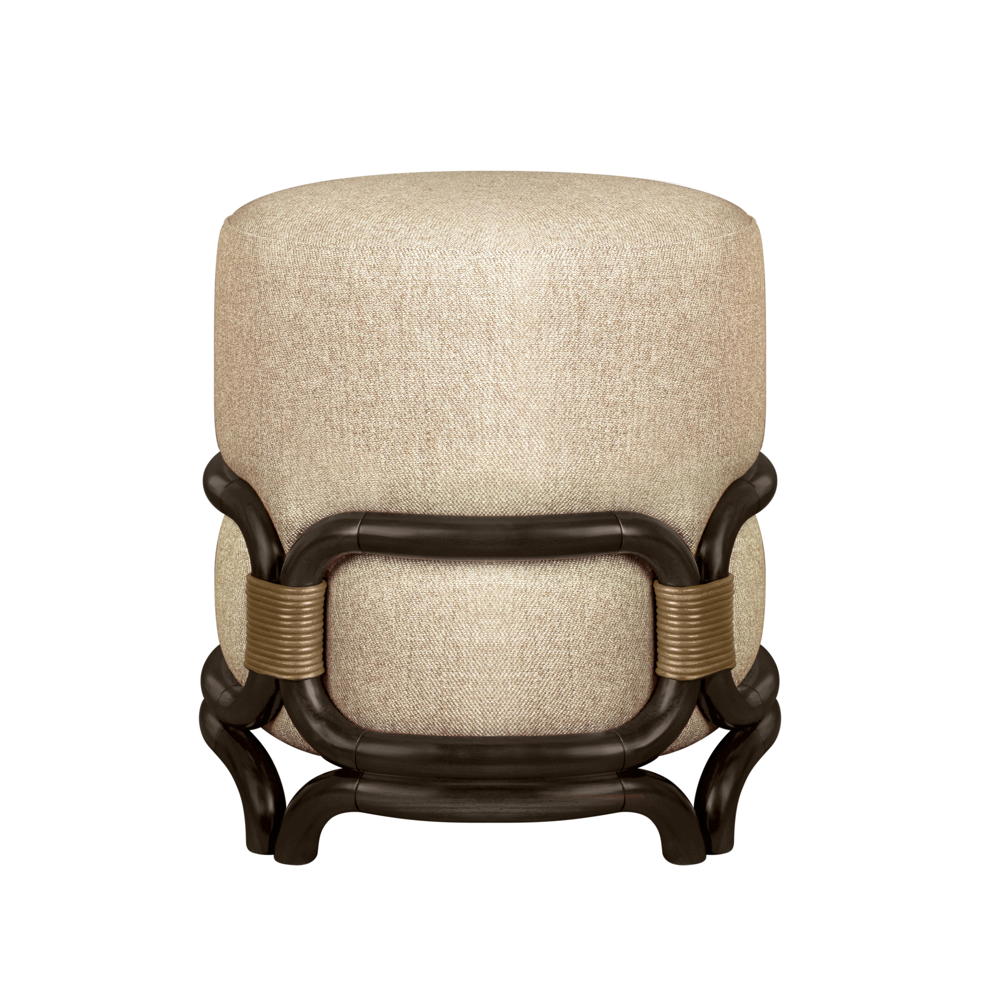 Contemporary 21st Century Stefan Stool Walnut Wood Linen Leather by Wood Tailors Club For Sale