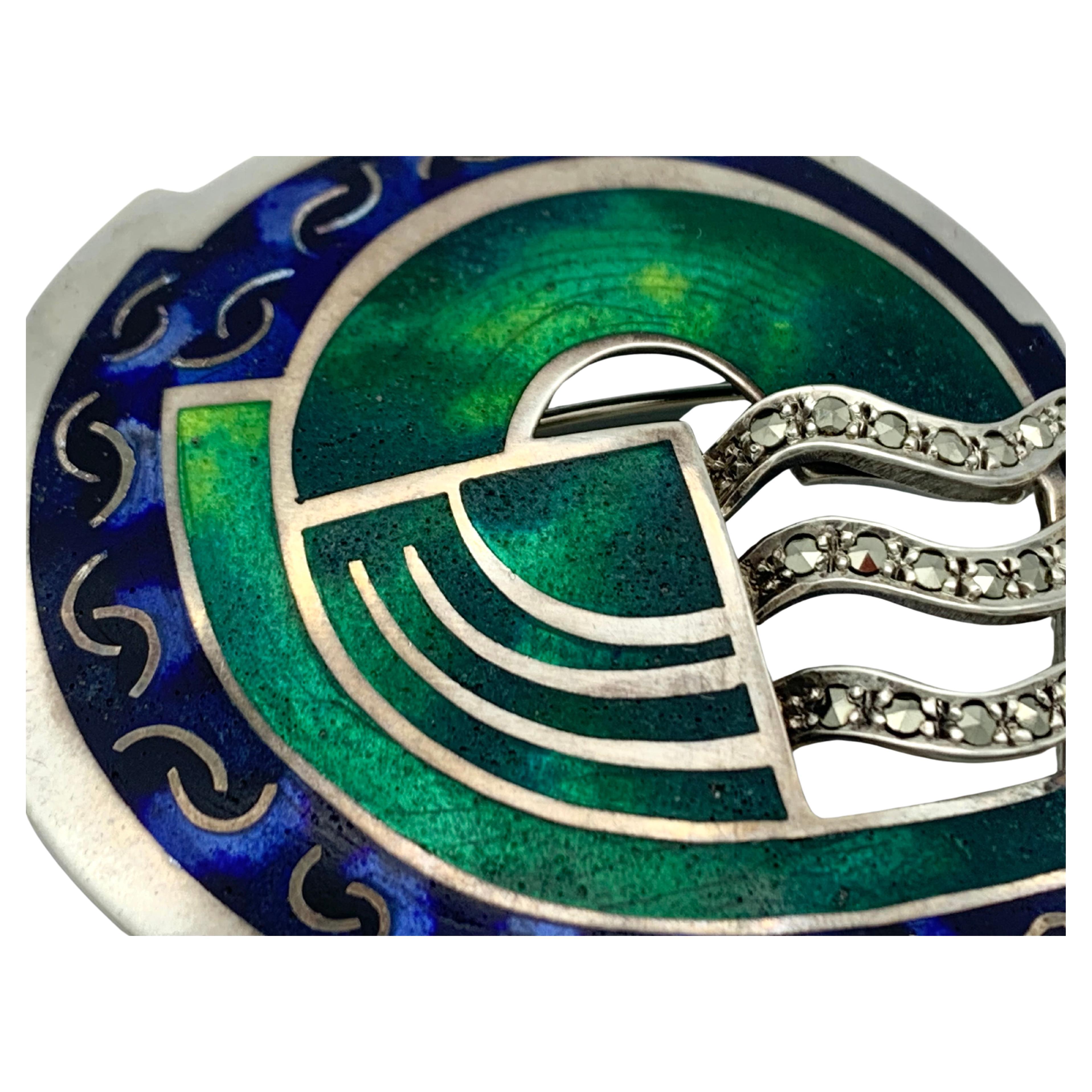 Round Cut 21st Century Sterling Silver Brooch Polychrome Enamel Marcasite For Sale