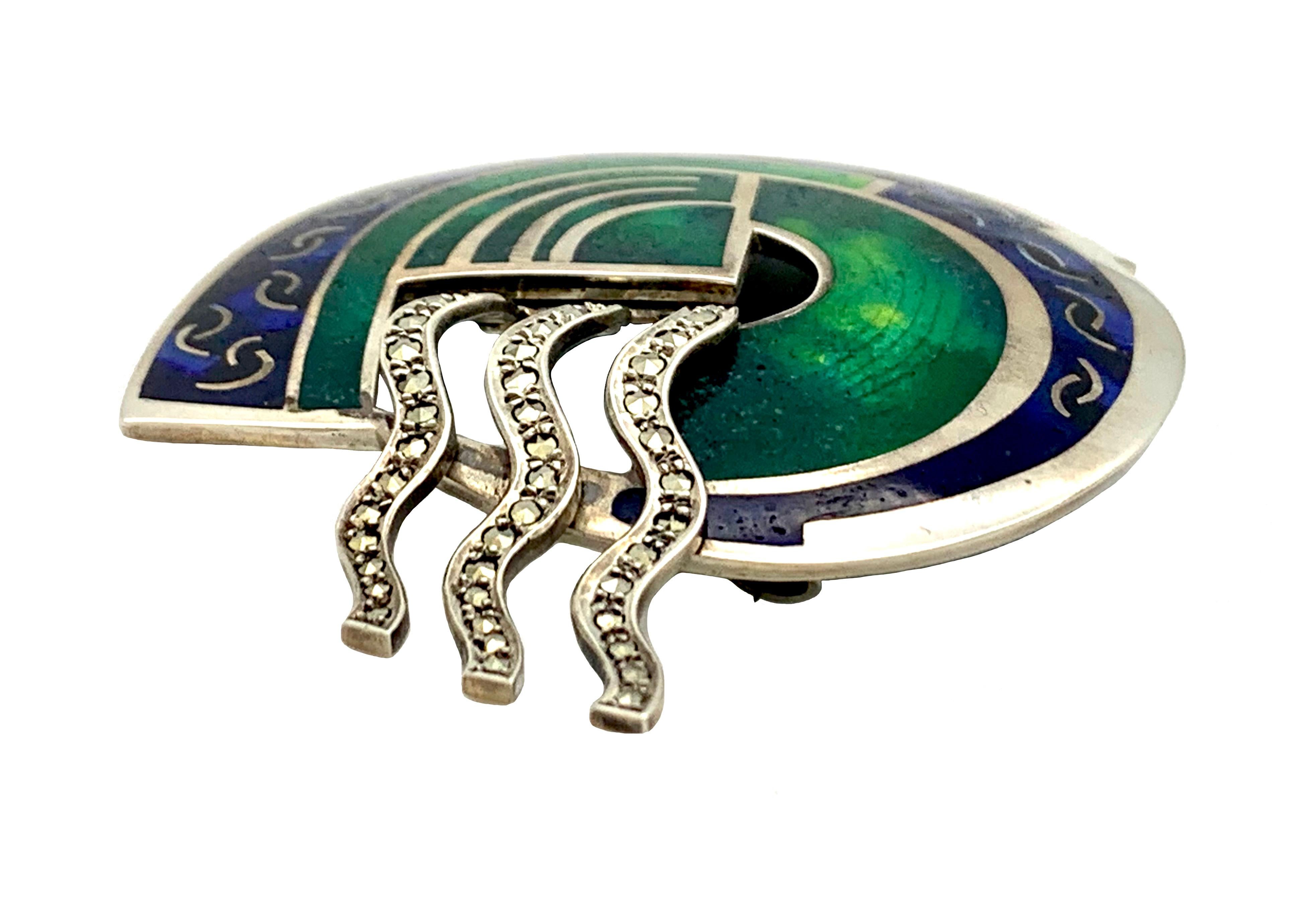 21st Century Sterling Silver Brooch Polychrome Enamel Marcasite In Good Condition For Sale In Munich, Bavaria