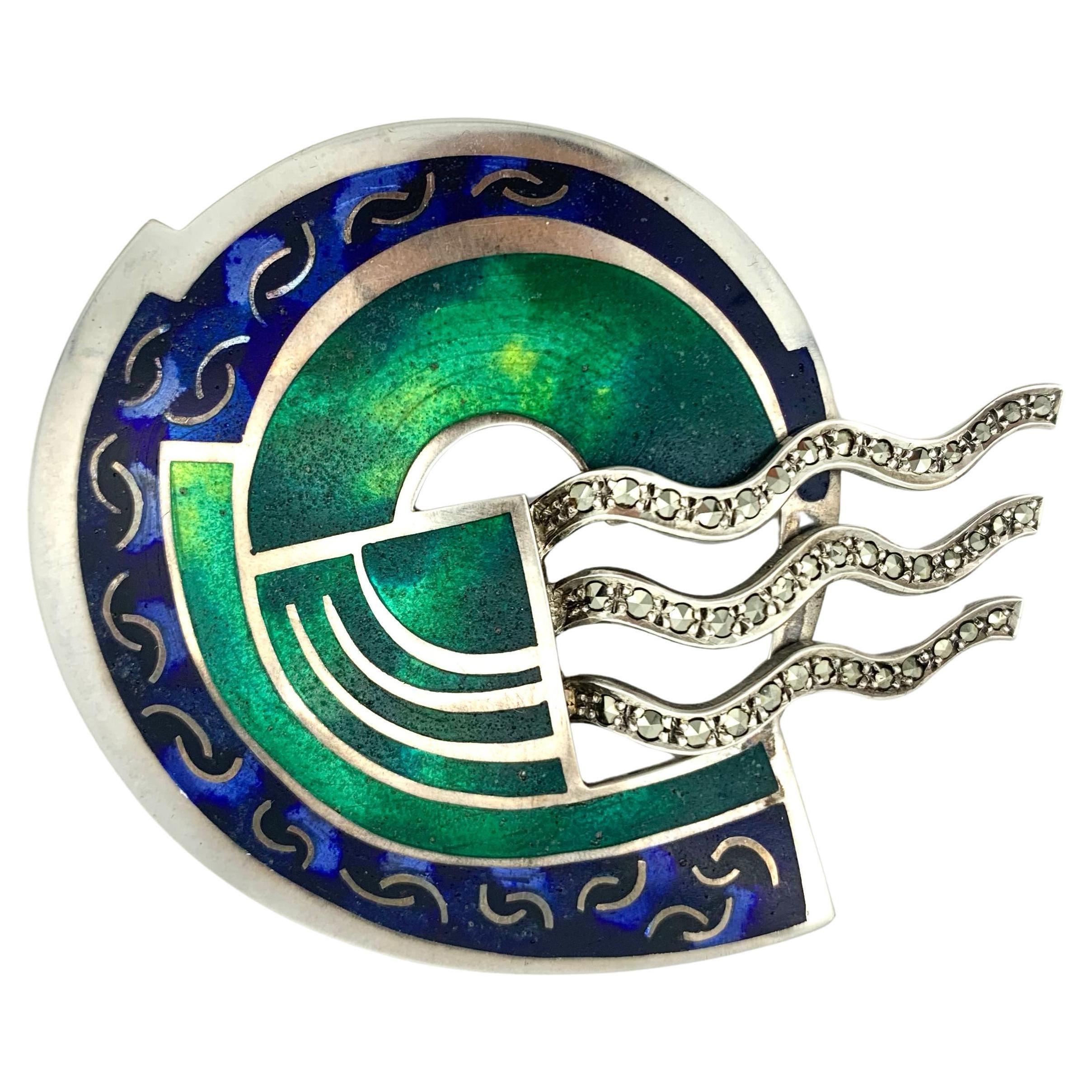 21st Century Sterling Silver Brooch Polychrome Enamel Marcasite For Sale