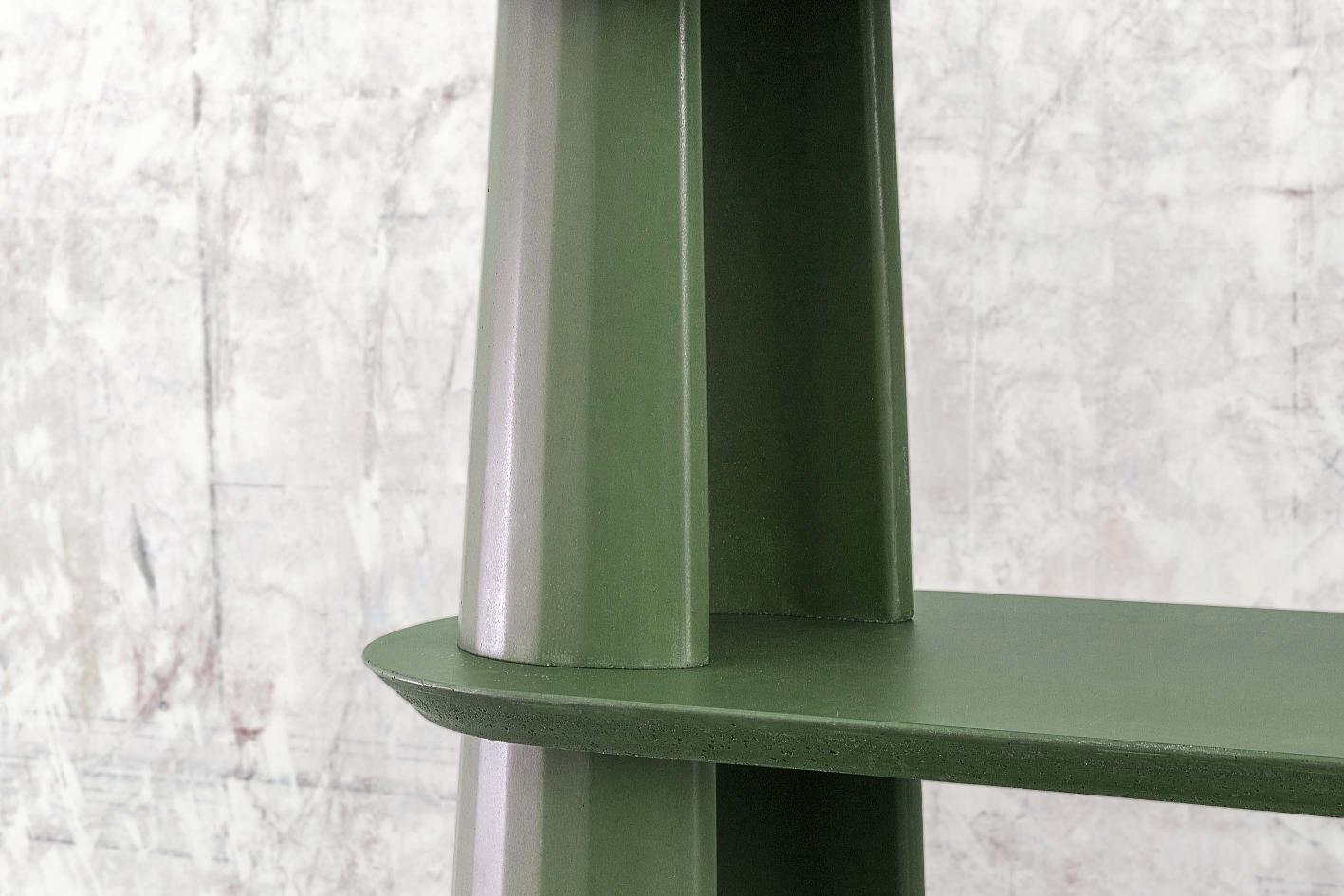 Classical Roman 21st Century Studio Irvine Fusto Bookcase Concrete Bookshelves Fir Green Cement For Sale