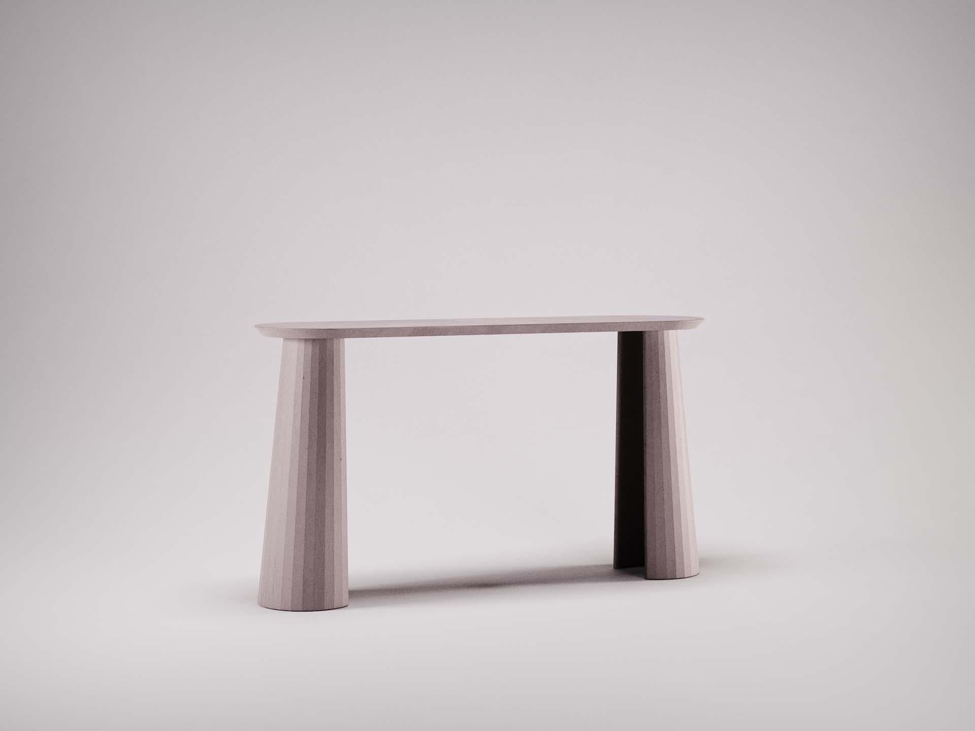 Console table part of a collection of modular system in ultra high performing cement mortar. UHPC shelves and abutment colored in the mixture and sandblasted. Available in three different sizes and eight colors: Brick, silver, powder, cream, fir,