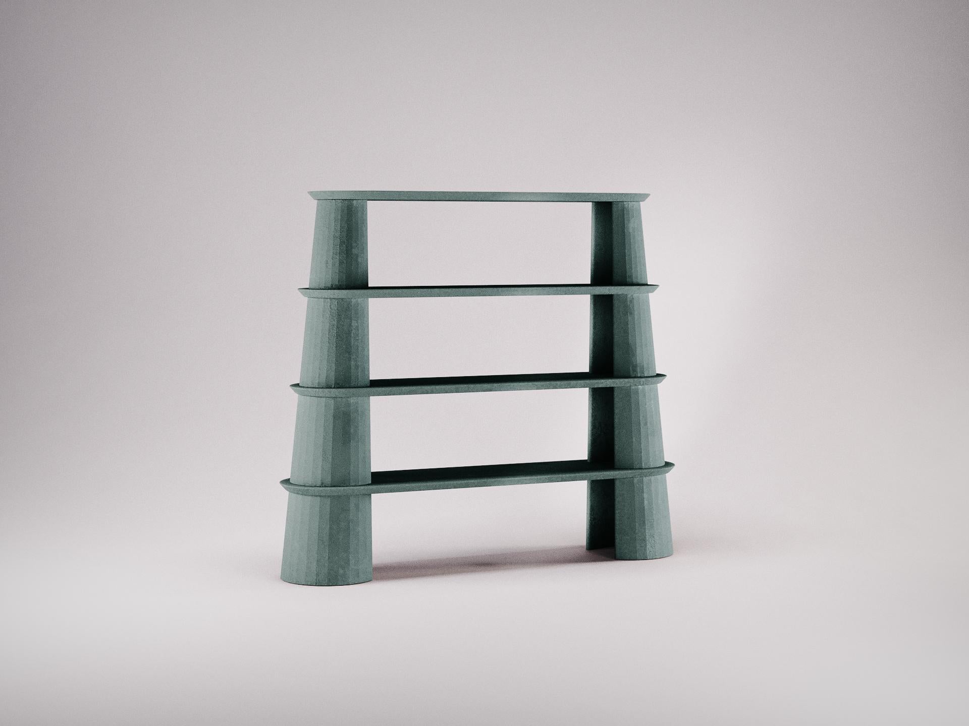 Bookcase part of a collection of modular system in ultra-high performing cement mortar. UHPC tabletop and base colored in the mixture and sandblasted. Available in eight different colors: Brick, silver, powder, cream, fir, dark, chocolate, ink and