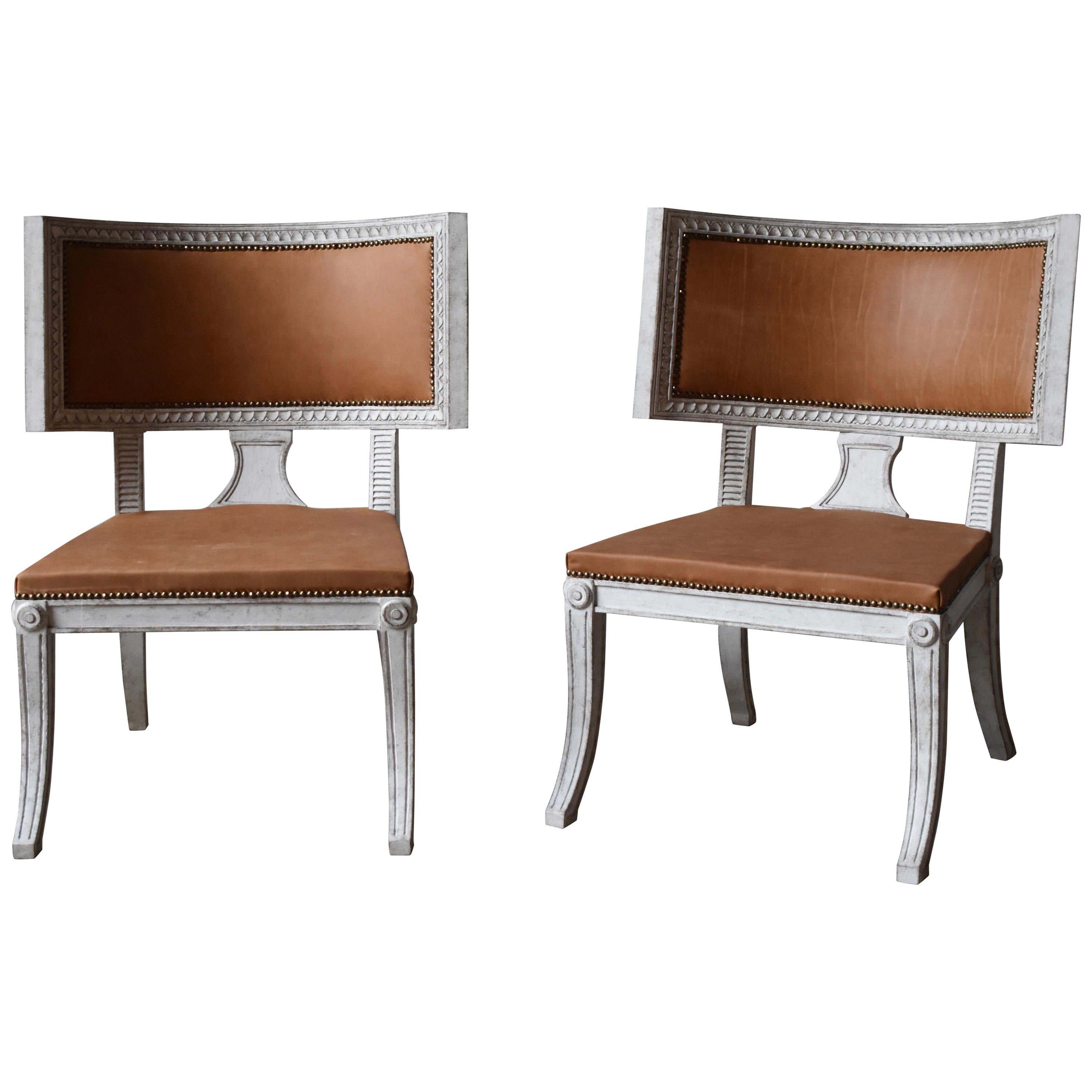 21st Century Sulla Chairs Gustavian Style with Brown Leather