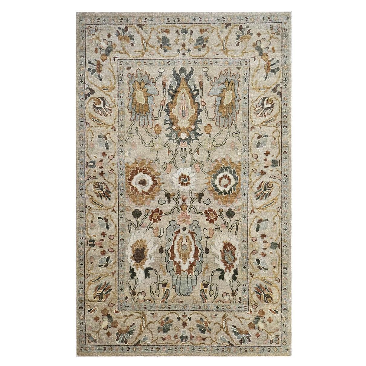  21st Century Sultanabad 4x6 Ivory, Slate & Tan Handmade Area Rug For Sale