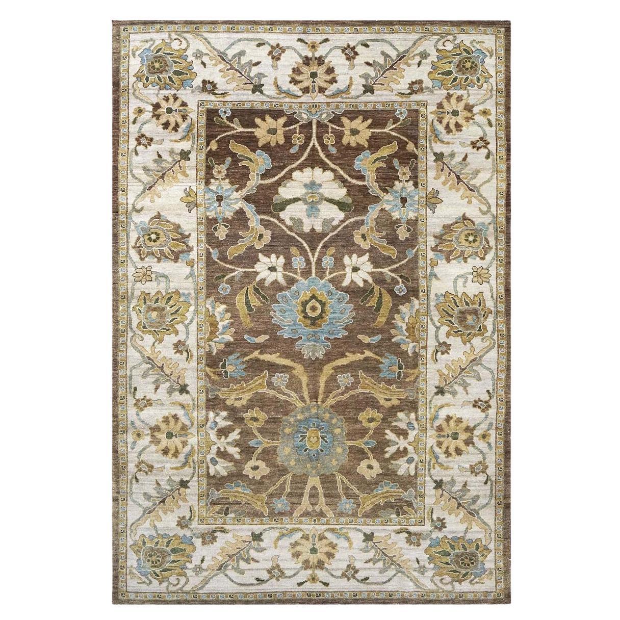 21st Century Sultanabad 6x9 Brown, Ivory & Blue Handmade Area Rug