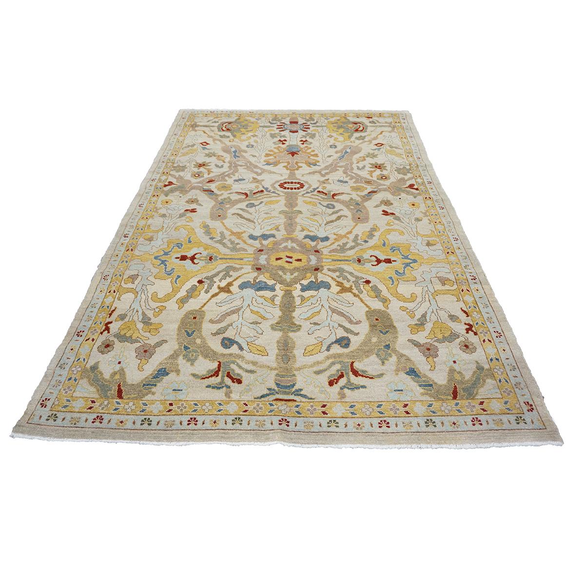 Hand-Woven 21st Century Sultanabad 6x9 Ivory & Gold Handmade Area Rug For Sale