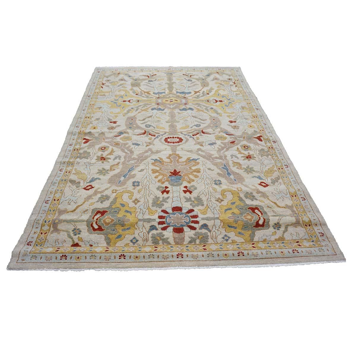 Contemporary 21st Century Sultanabad 6x9 Ivory & Gold Handmade Area Rug For Sale
