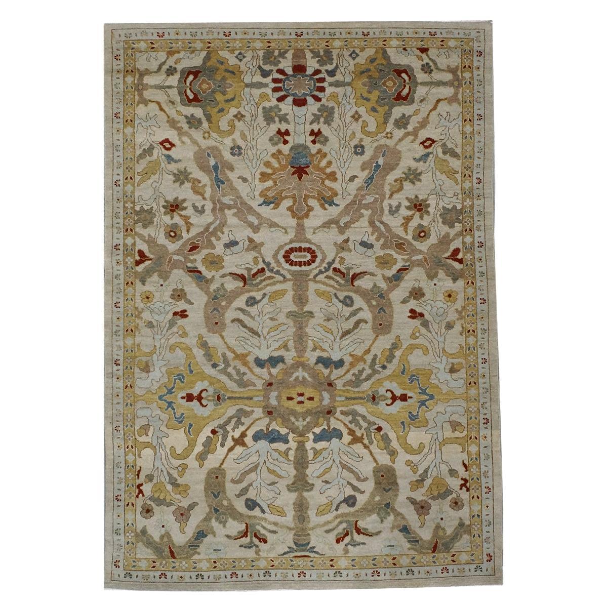 21st Century Sultanabad 6x9 Ivory & Gold Handmade Area Rug