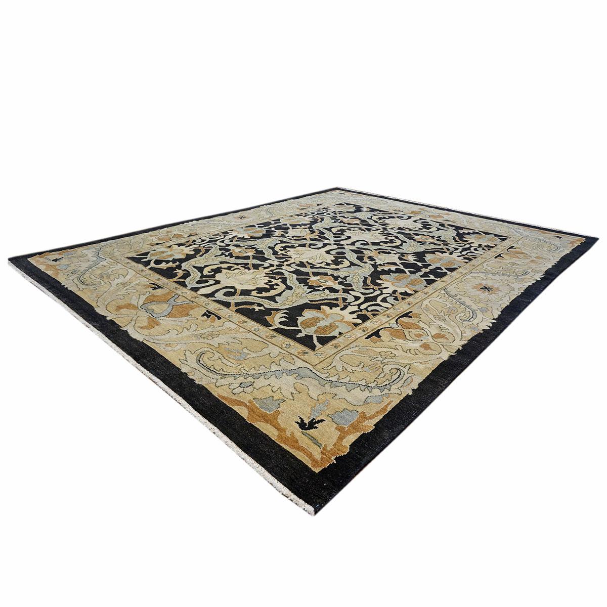 Afghan 21st Century Sultanabad 8x10 Tan and Black Handmade Wool Rug For Sale
