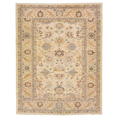 Beigefarbener handgefertigter persischer Wollteppich mit Blumenmotiv aus Sultanabad, 21. Jahrhundert
