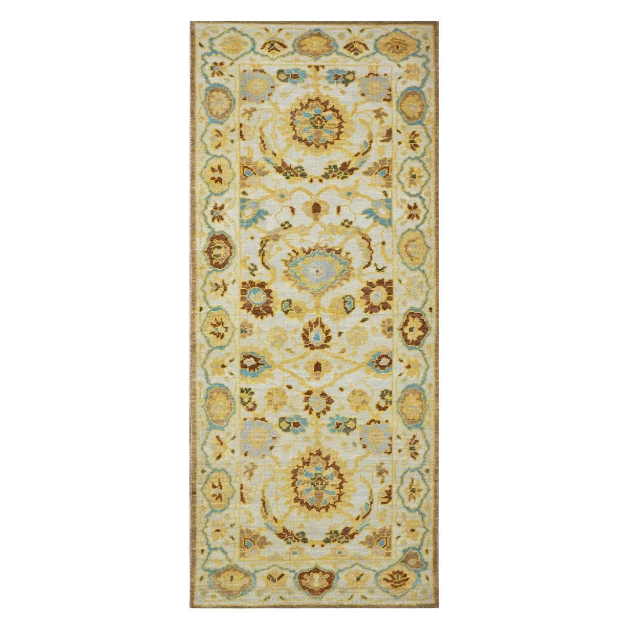 21st Century Sultanabad Masters 3x6 Ivory, Gold, & Teal Wool Hall Runner For Sale