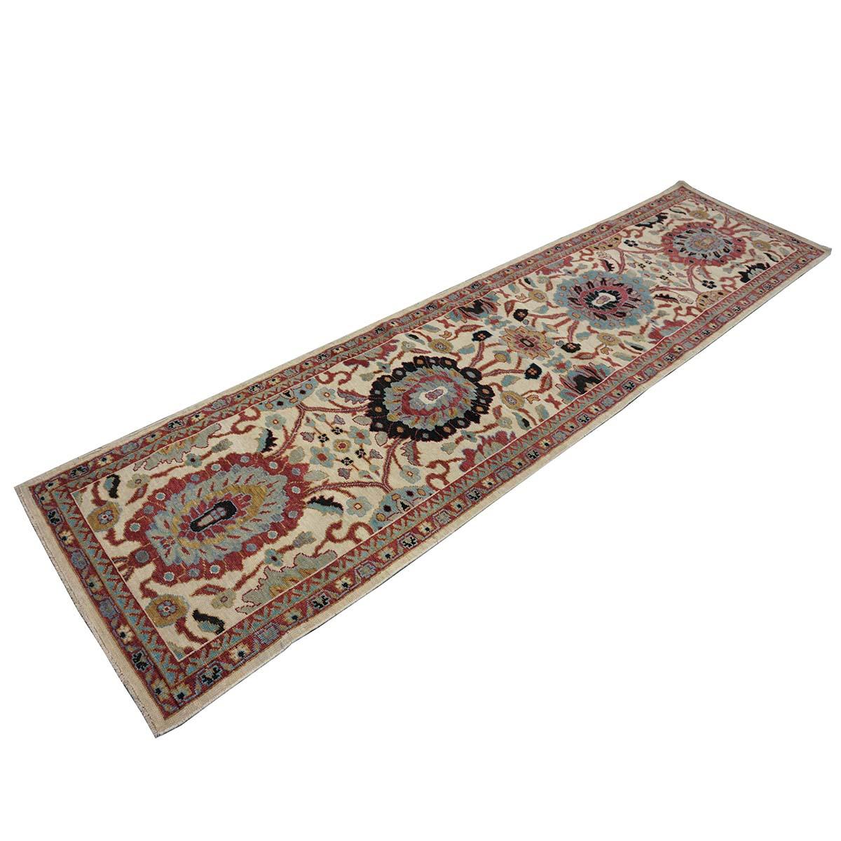 Hand-Woven 21st Century Sultanabad 3x12 Ivory, Red, & Blue Hall Runner Rug For Sale