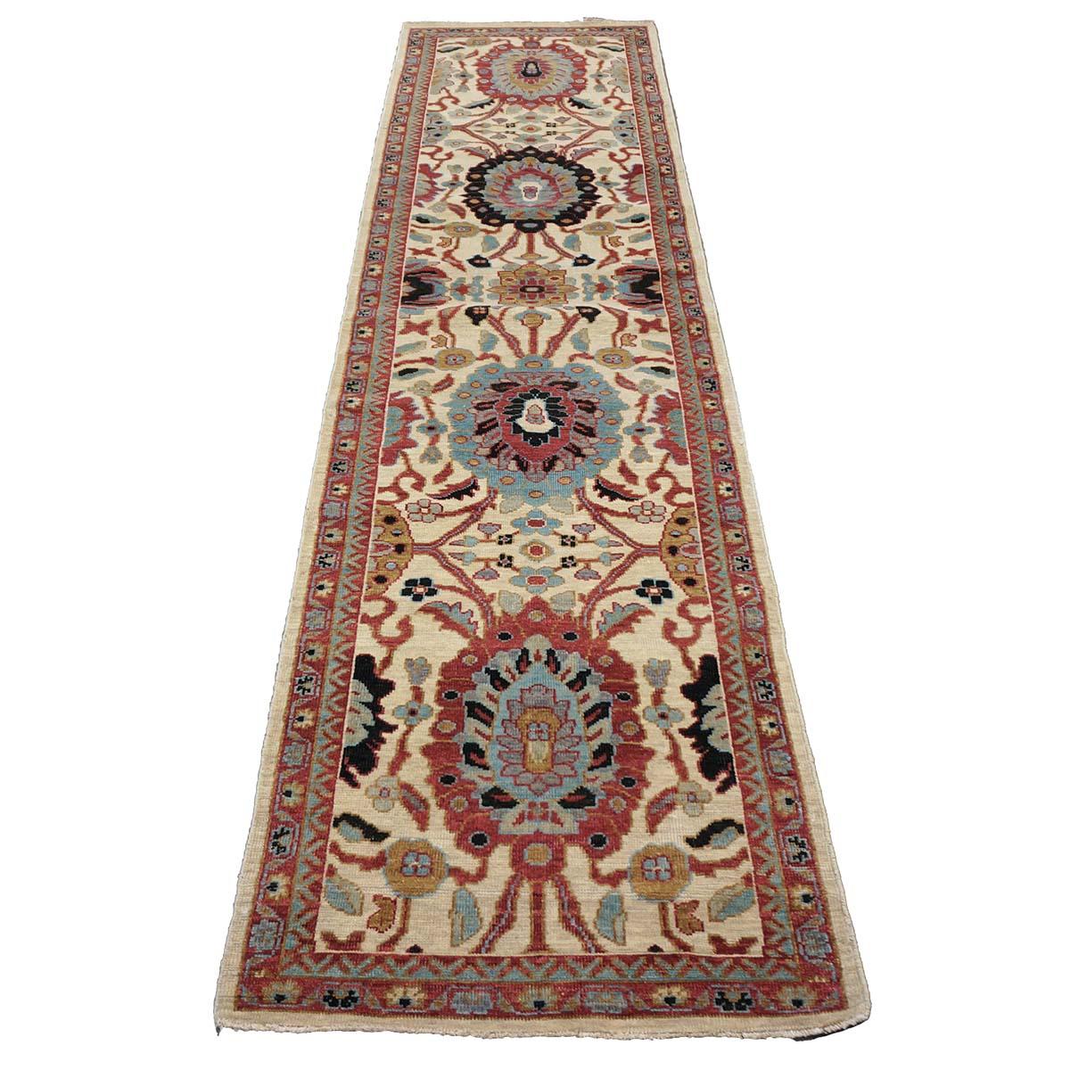 Afghan 21st Century Sultanabad 3x12 Ivory, Red, & Blue Hall Runner Rug For Sale
