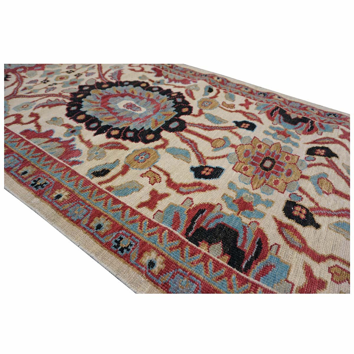 21st Century Sultanabad 3x12 Ivory, Red, & Blue Hall Runner Rug In Excellent Condition For Sale In Houston, TX