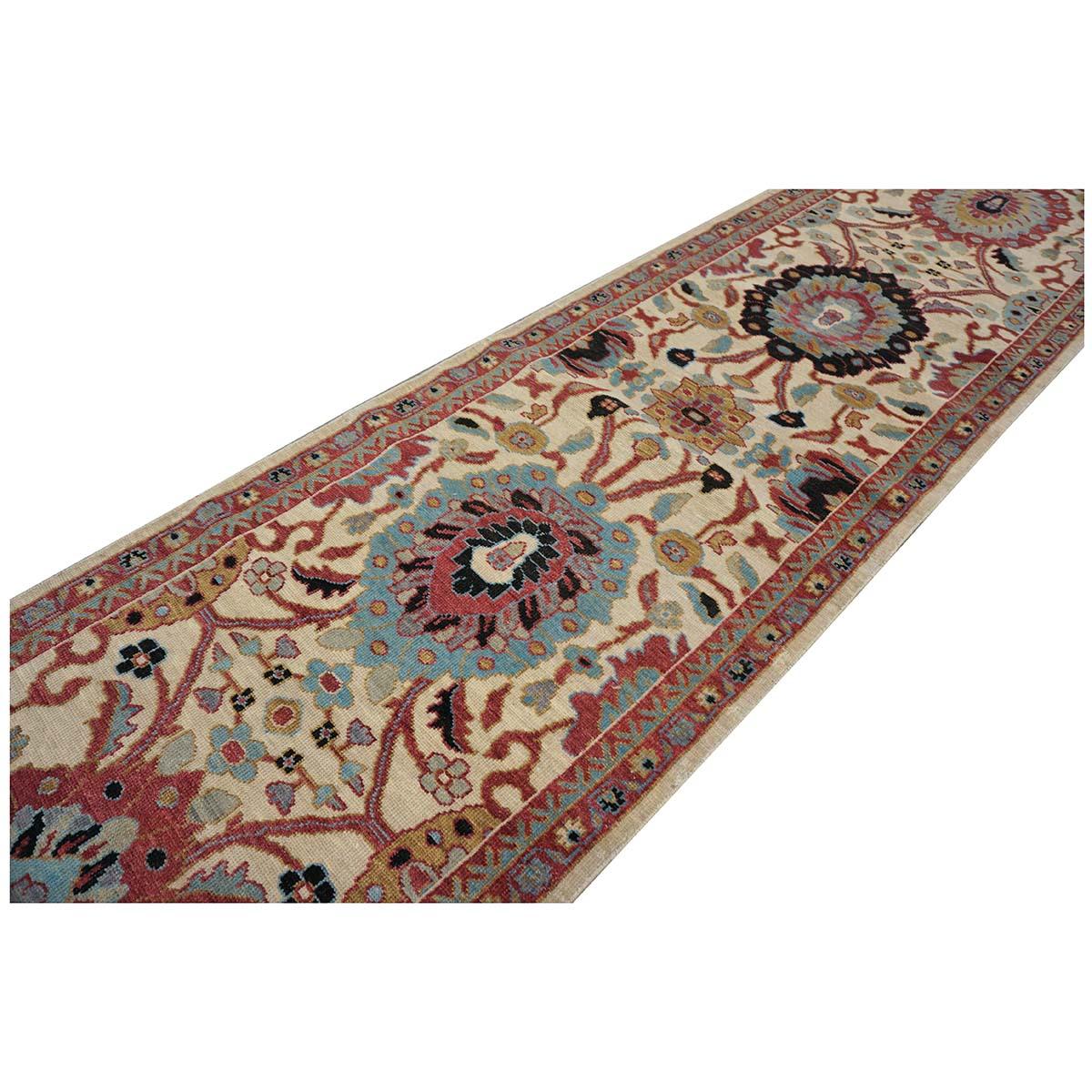 Wool 21st Century Sultanabad 3x12 Ivory, Red, & Blue Hall Runner Rug For Sale