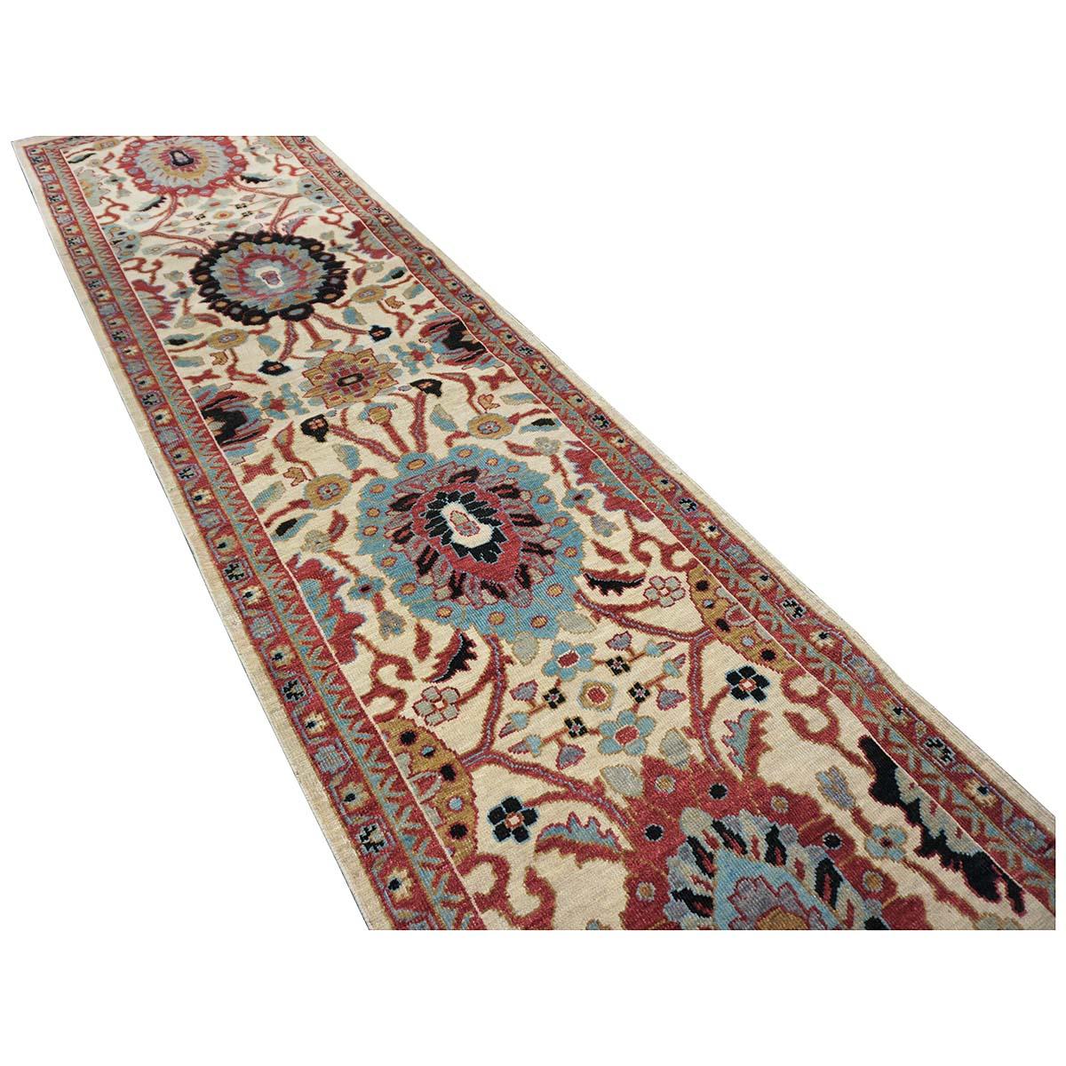 21st Century Sultanabad 3x12 Ivory, Red, & Blue Hall Runner Rug For Sale 1