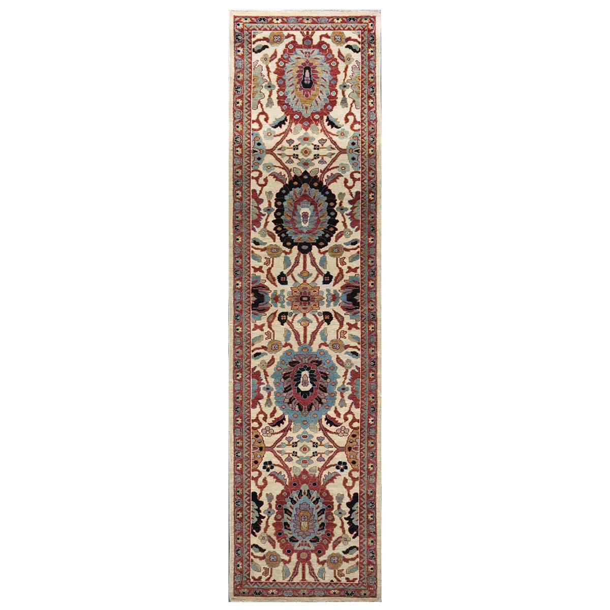 21st Century Sultanabad 3x12 Ivory, Red, & Blue Hall Runner Rug For Sale
