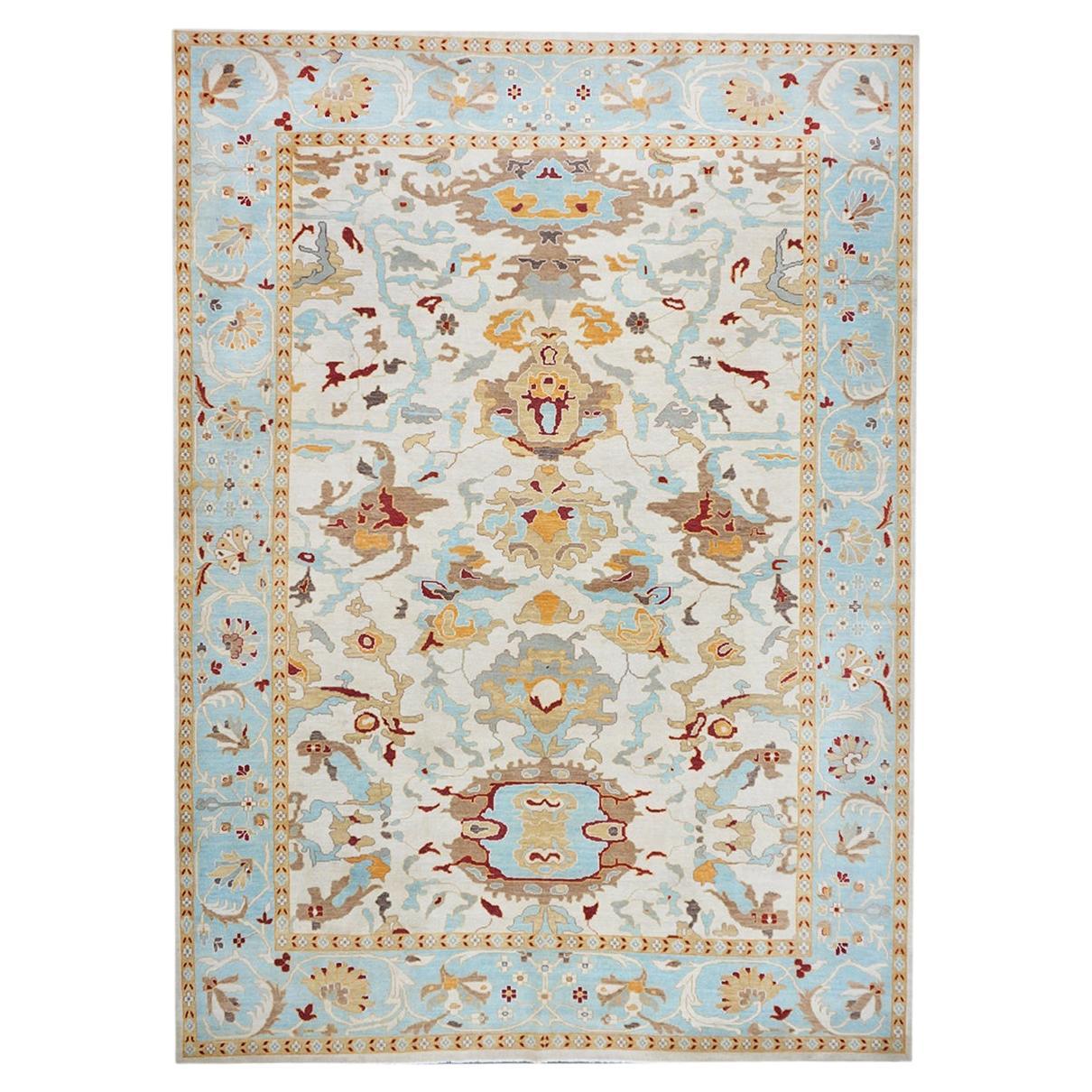 Tapis artisanal bleu, ivoire et orange Sultanabad Master 10x14 du 21e siècle