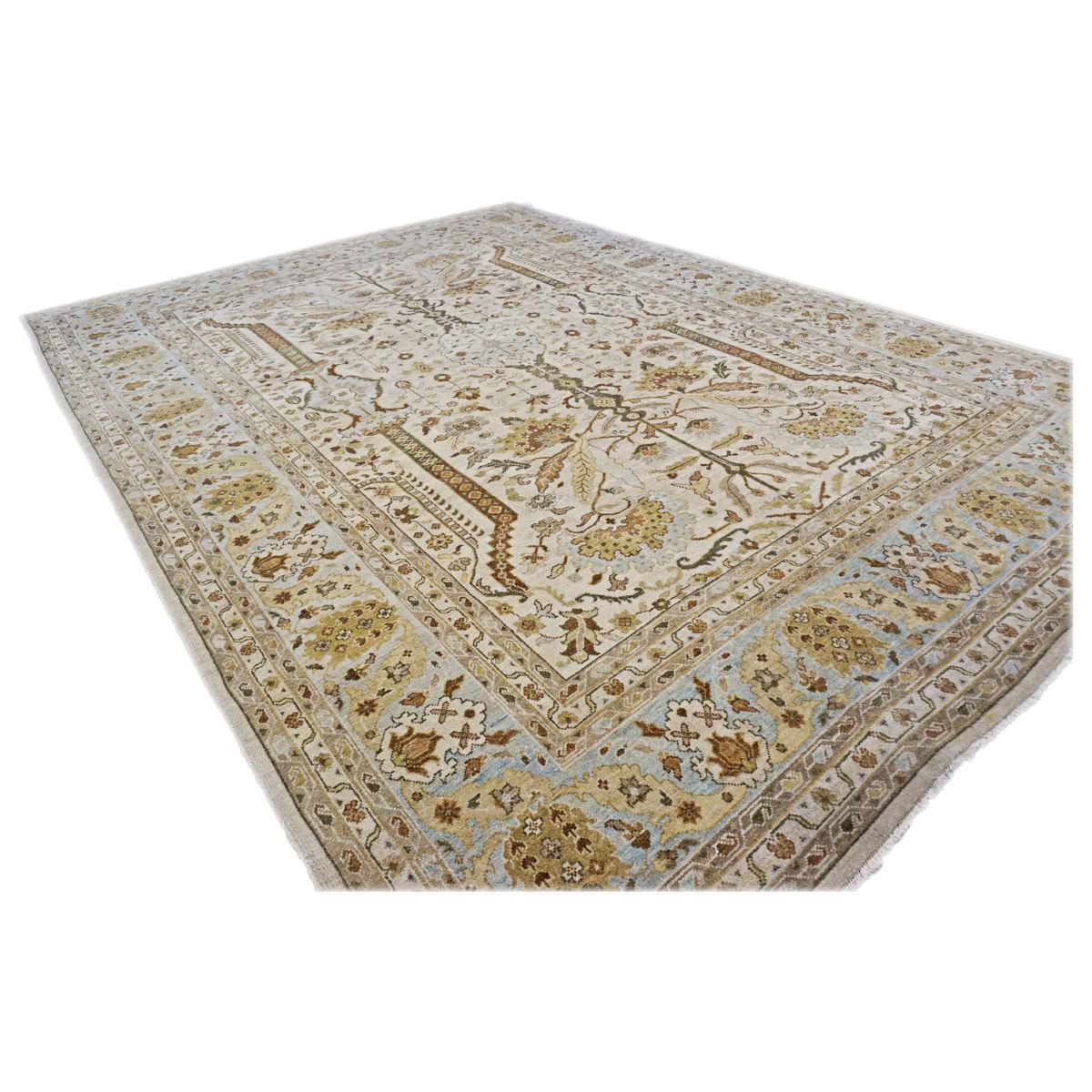 Afghan 21st Century Sultanabad Master 10x14 Ivory, Tan, & Blue Handmade Area Rug For Sale